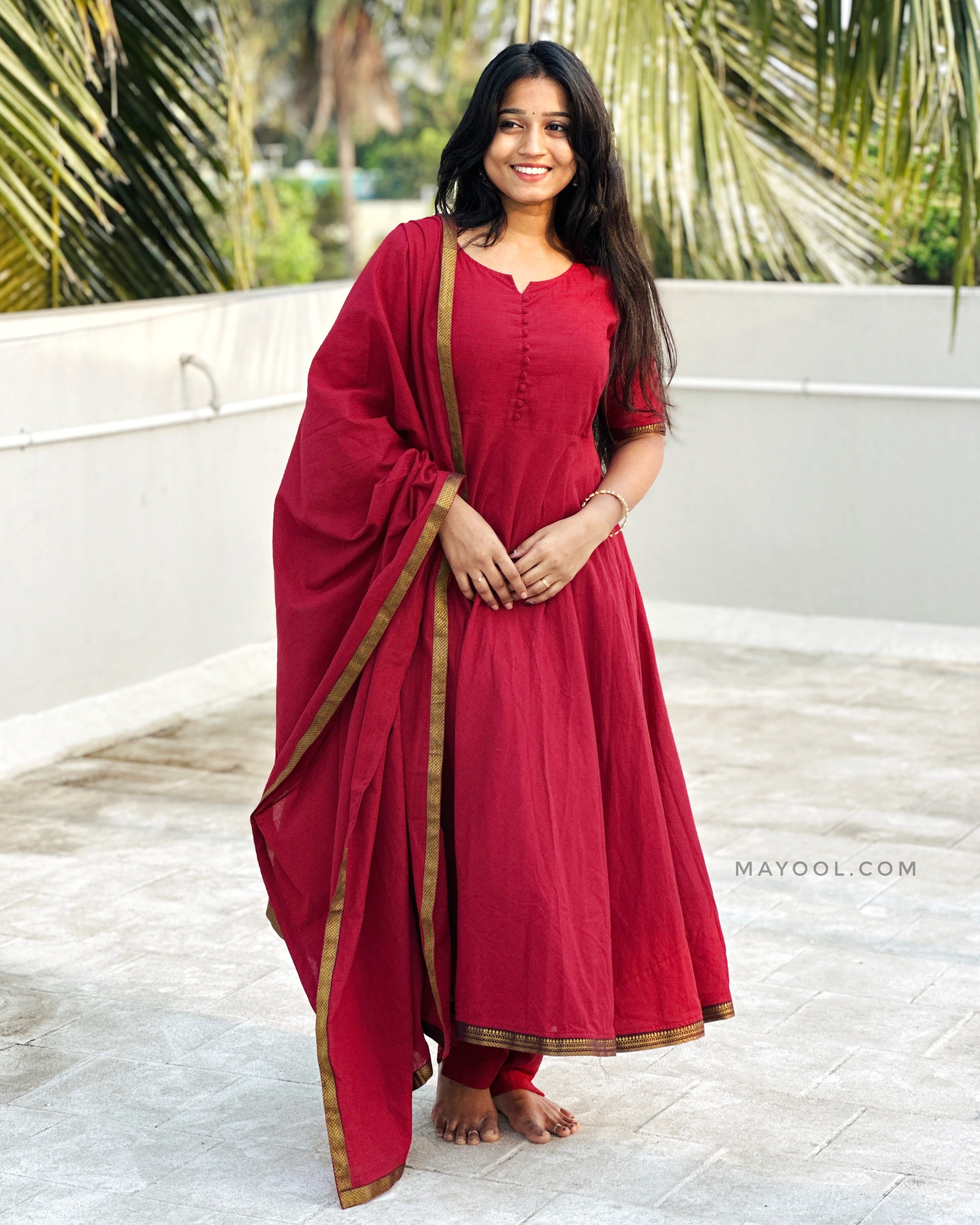 Ruby Red Handloom Cotton Anarkali Dresses