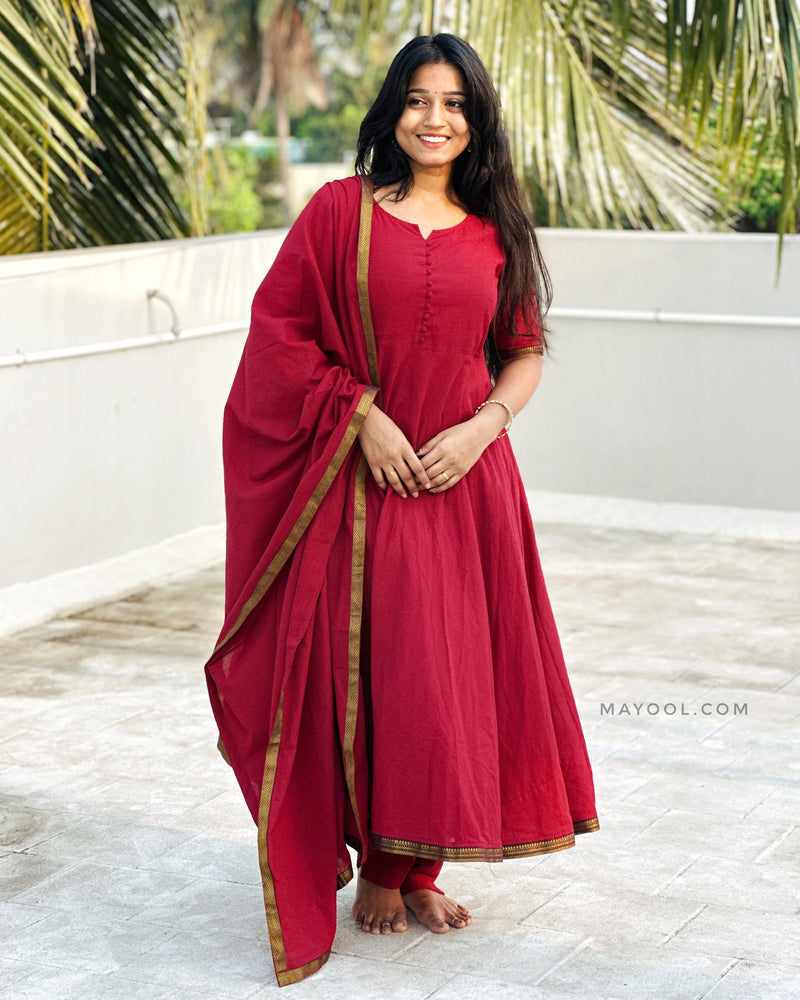Ruby Red Handloom Cotton Anarkali Dresses