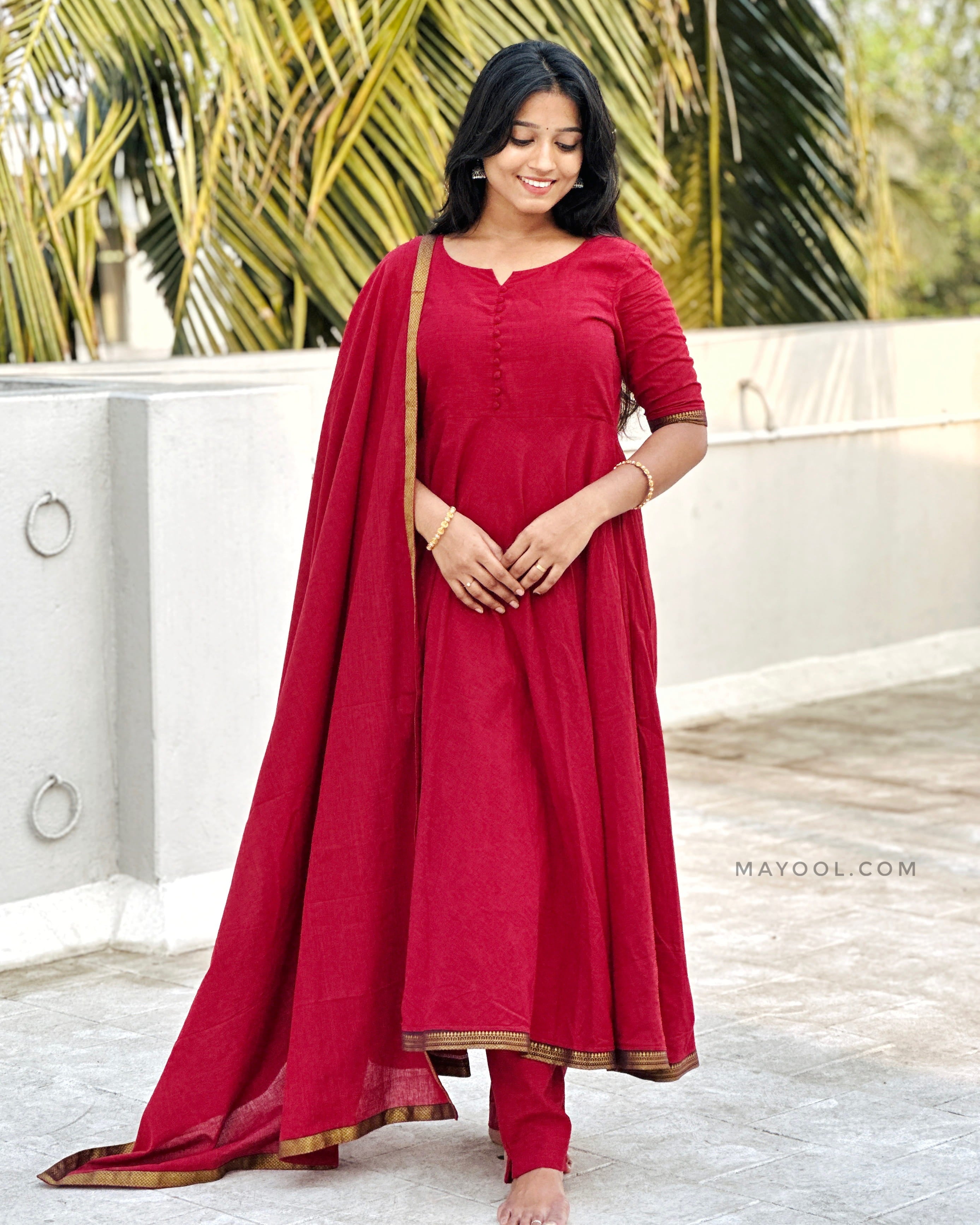 Ruby Red Handloom Cotton Anarkali Dresses