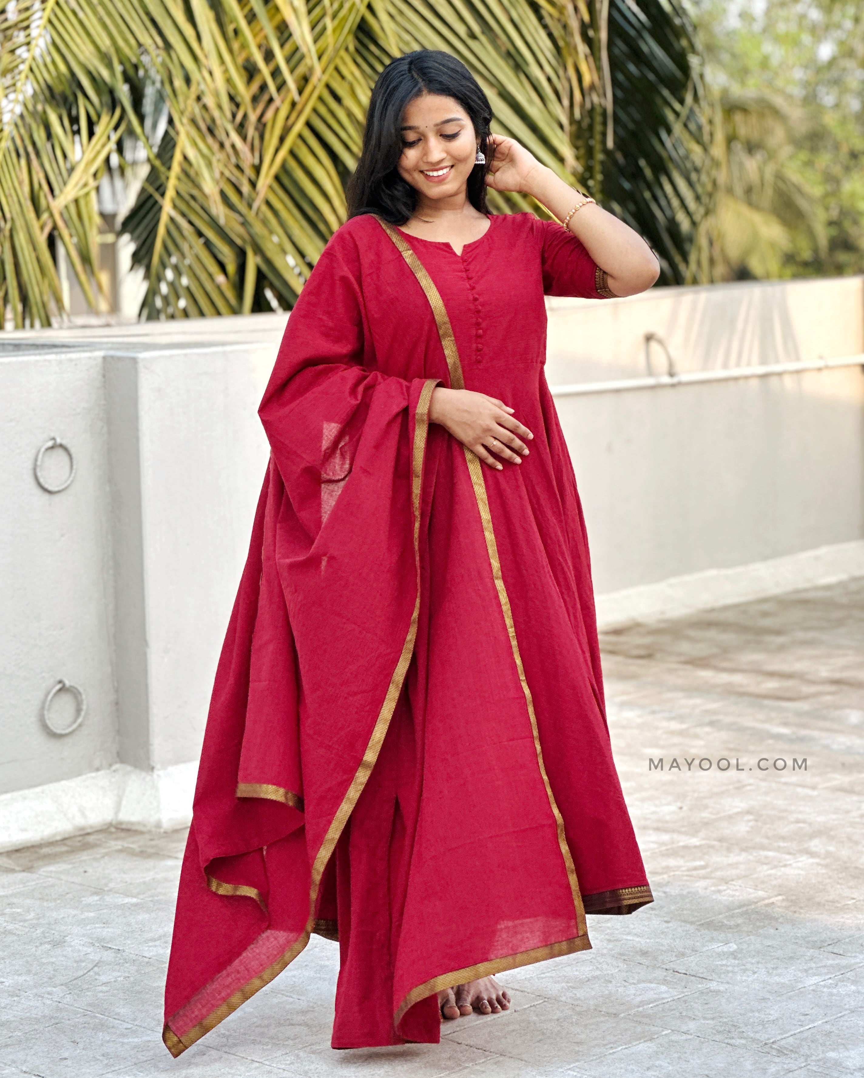 Ruby Red Handloom Cotton Anarkali Dresses