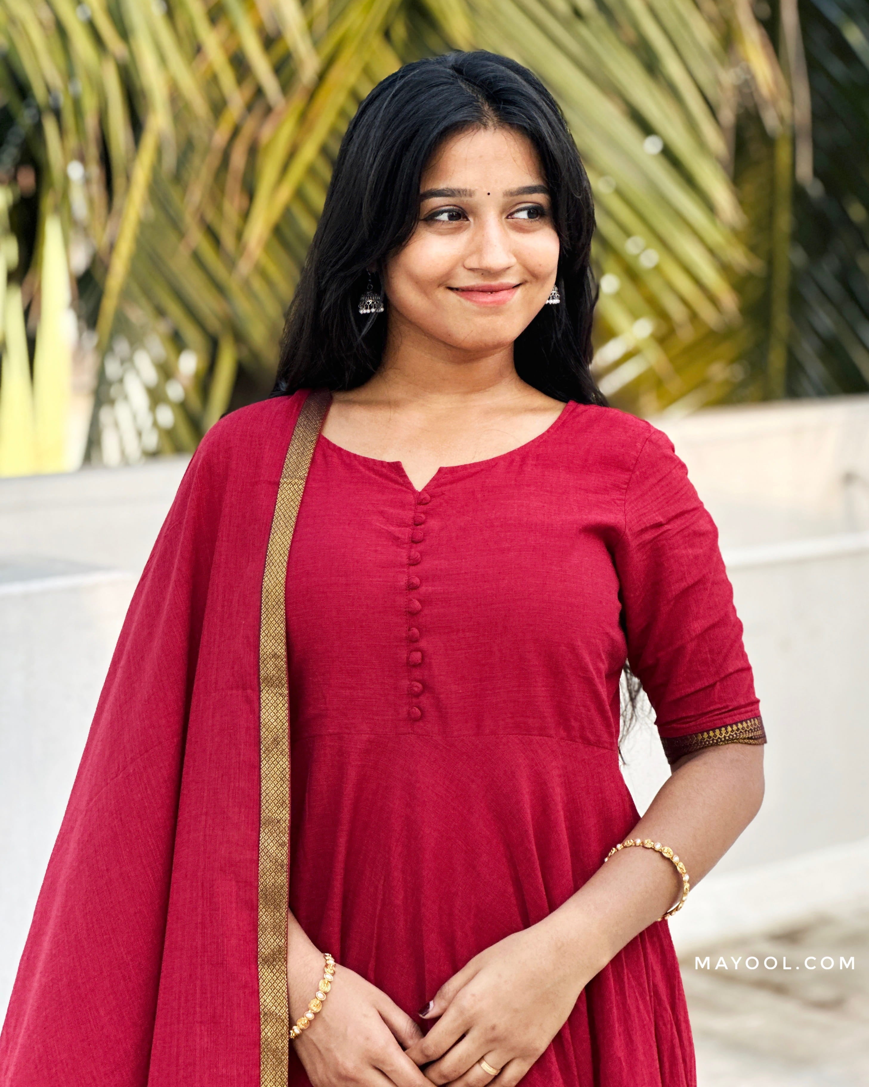 Ruby Red Handloom Cotton Anarkali Dresses