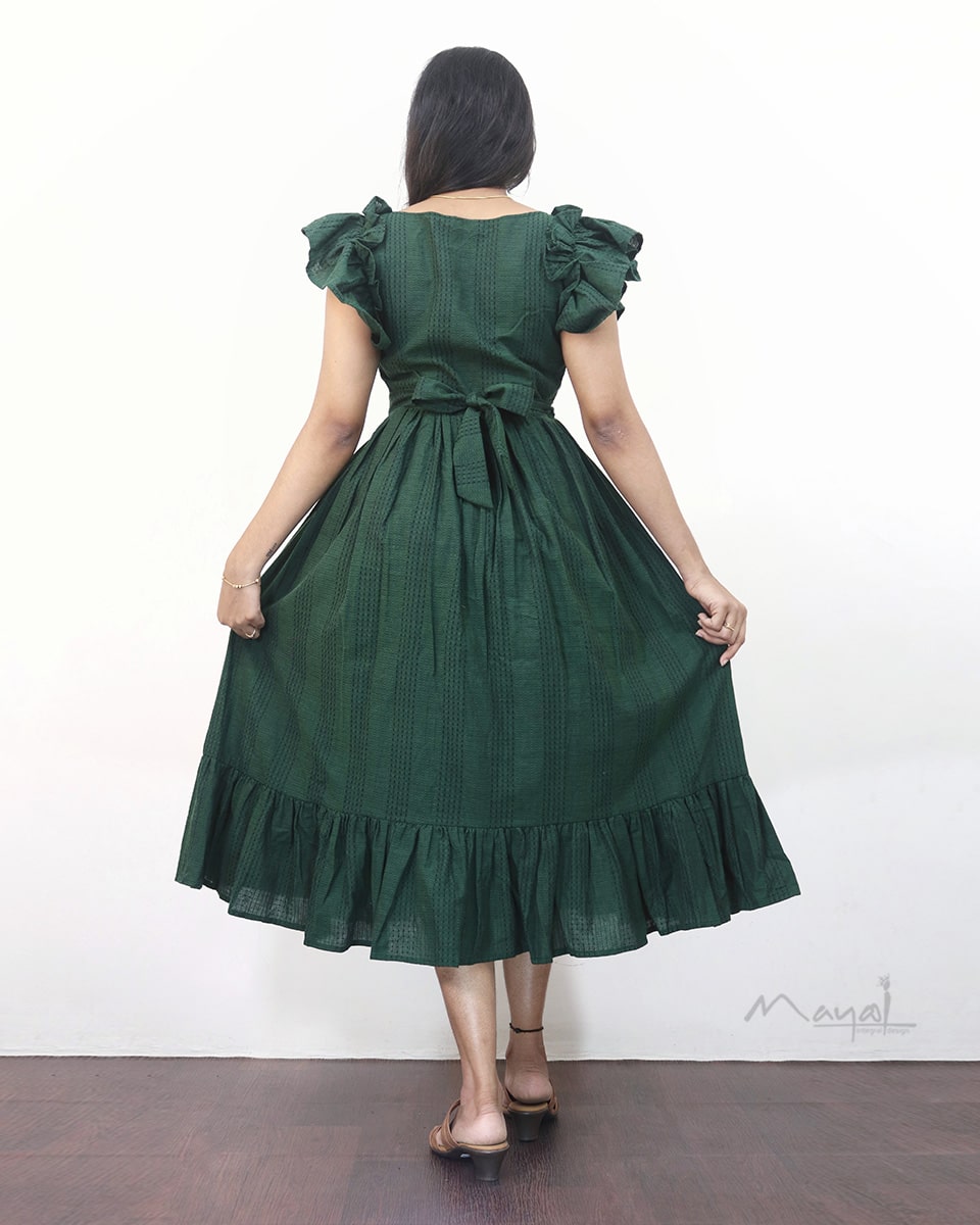 Sacramento Green Jacquard Two Tier Cotton Dresses