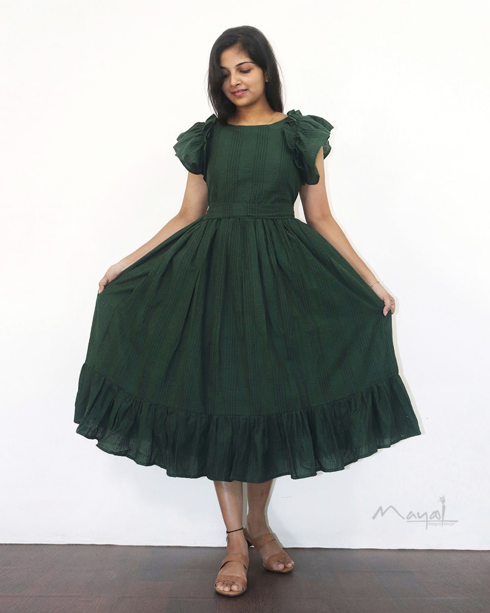 Sacramento Green Jacquard Two Tier Cotton Dresses