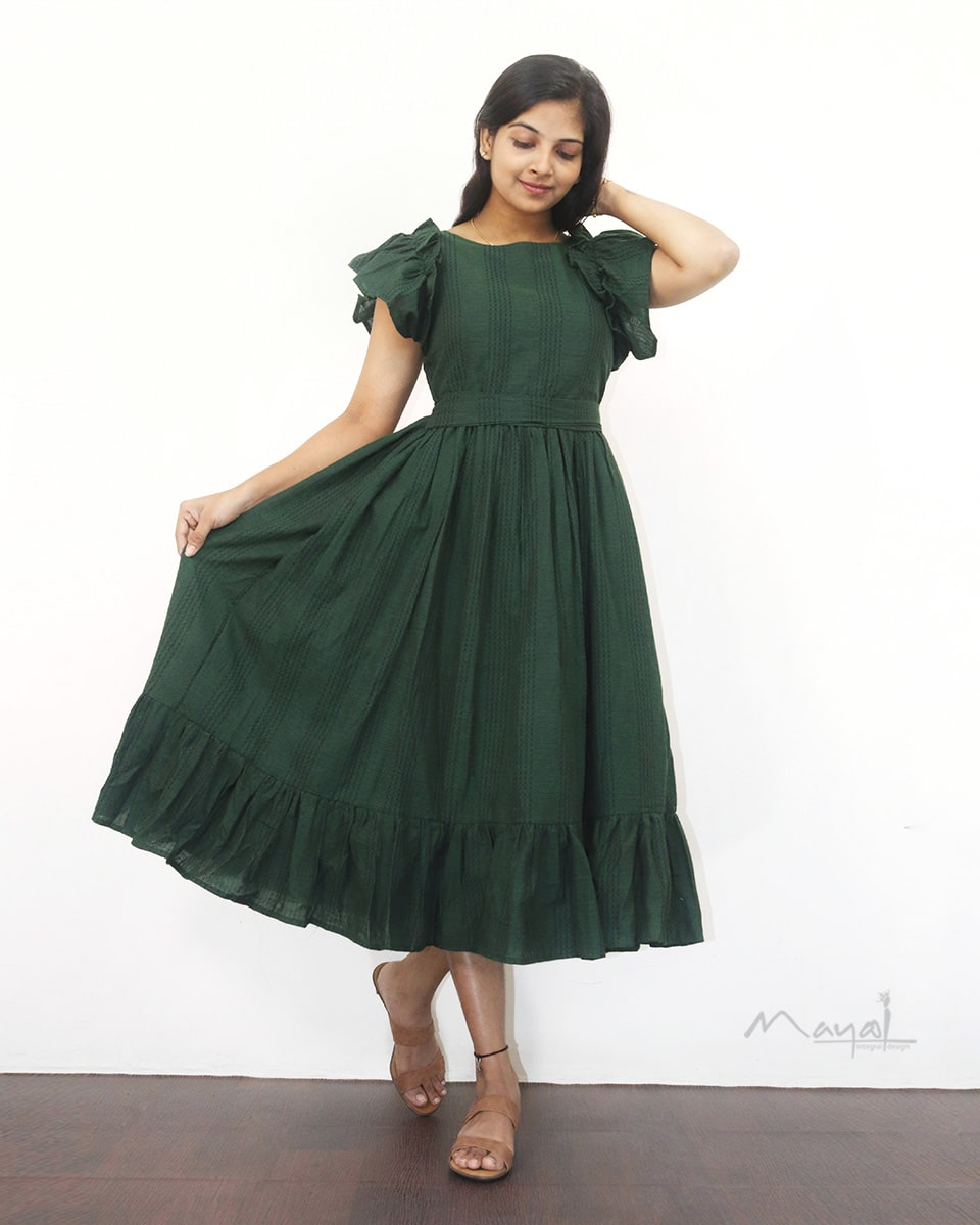 Sacramento Green Jacquard Two Tier Cotton Dresses