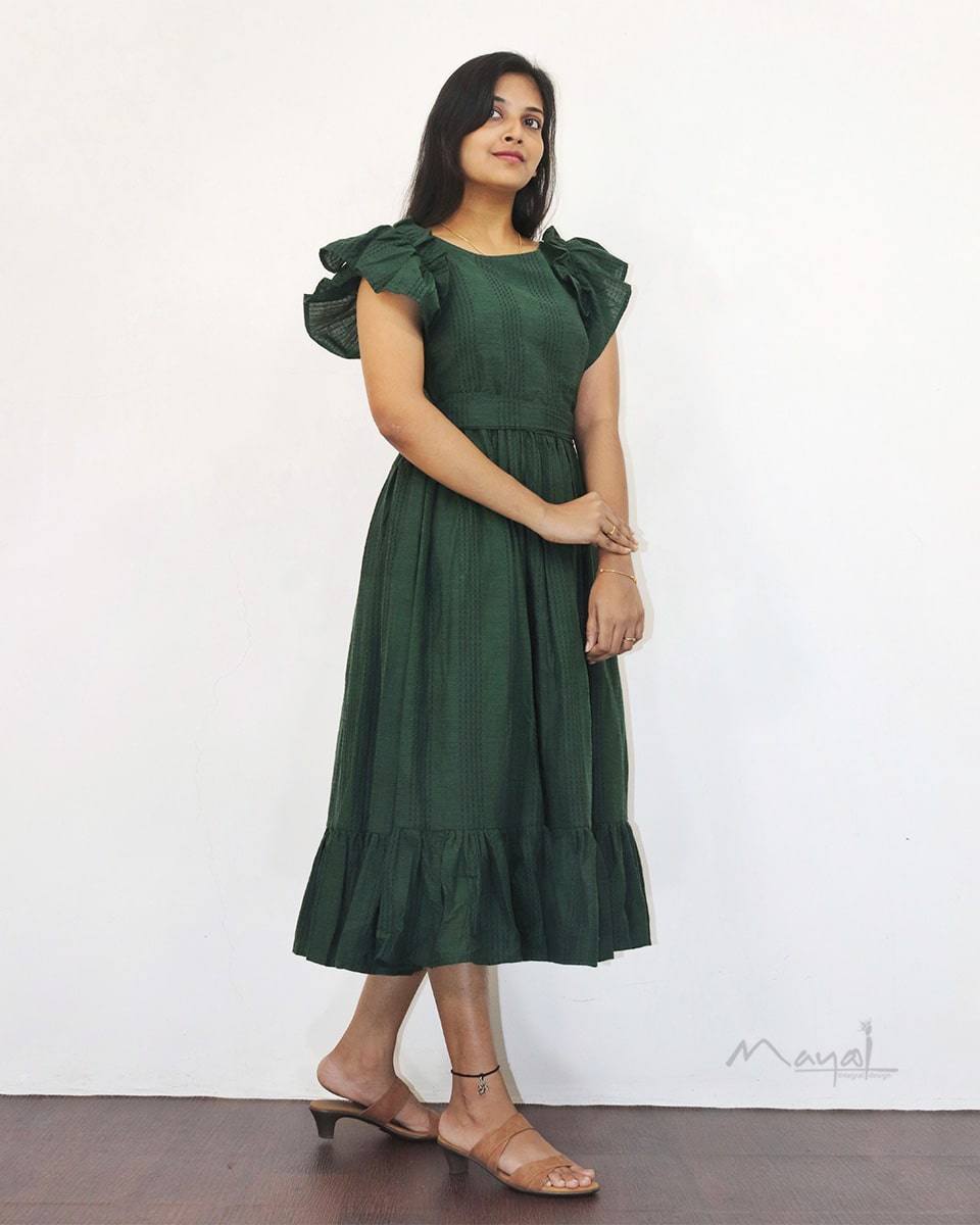 Sacramento Green Jacquard Two Tier Cotton Dresses