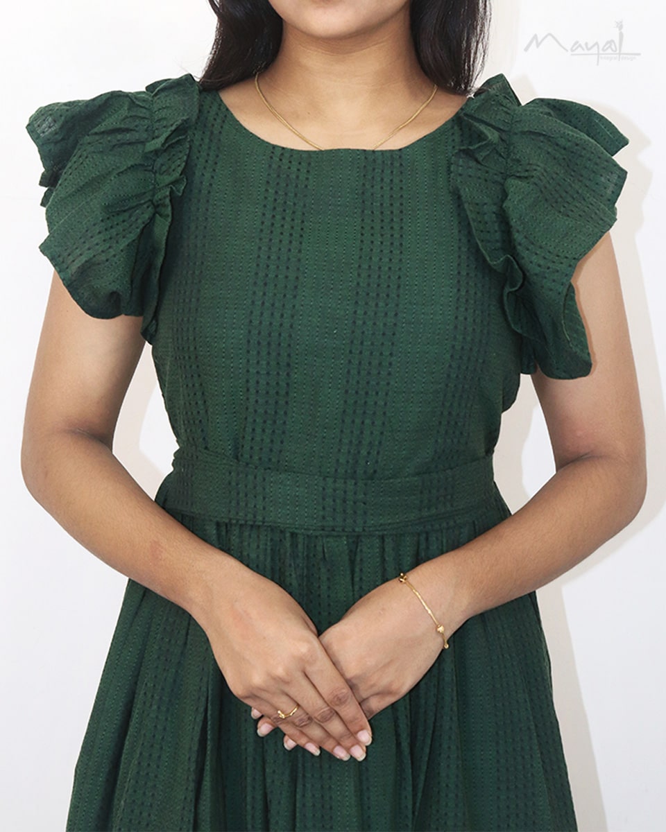 Sacramento Green Jacquard Two Tier Cotton Dresses