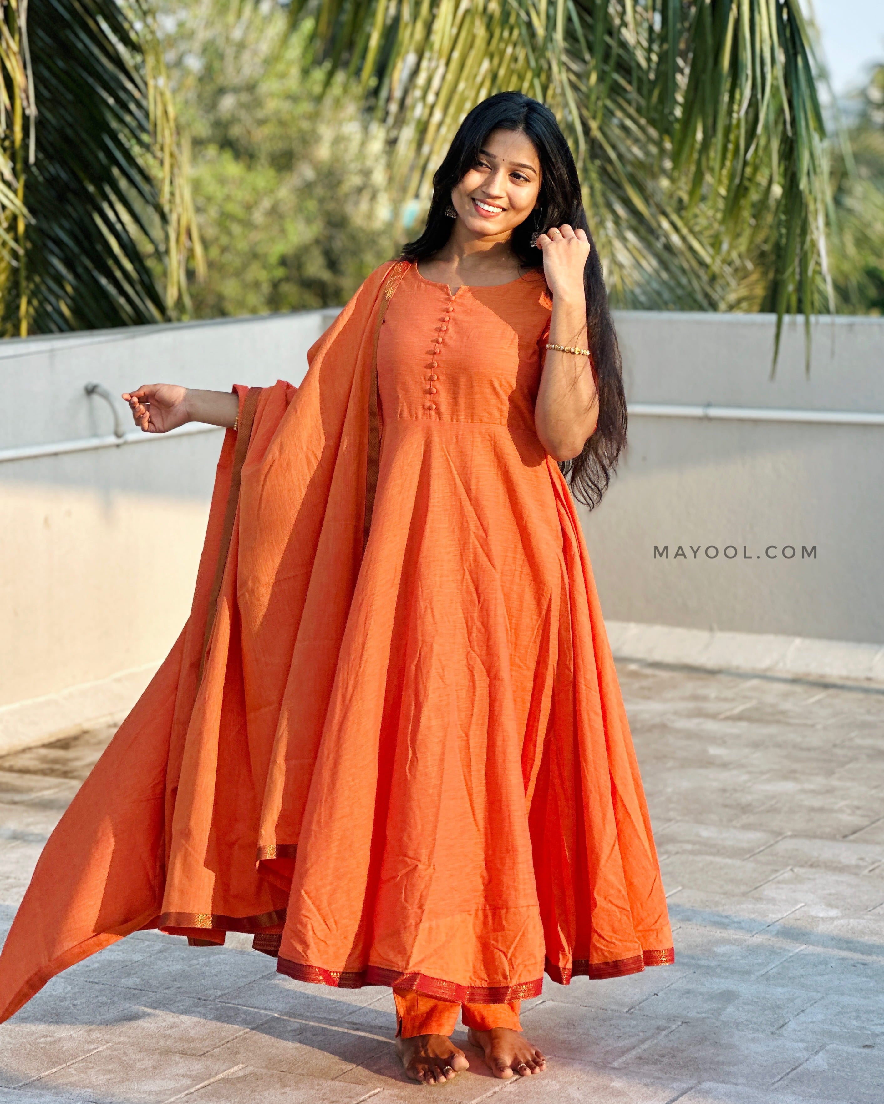 Saffron Orange Handloom Cotton Anarkali Dresses