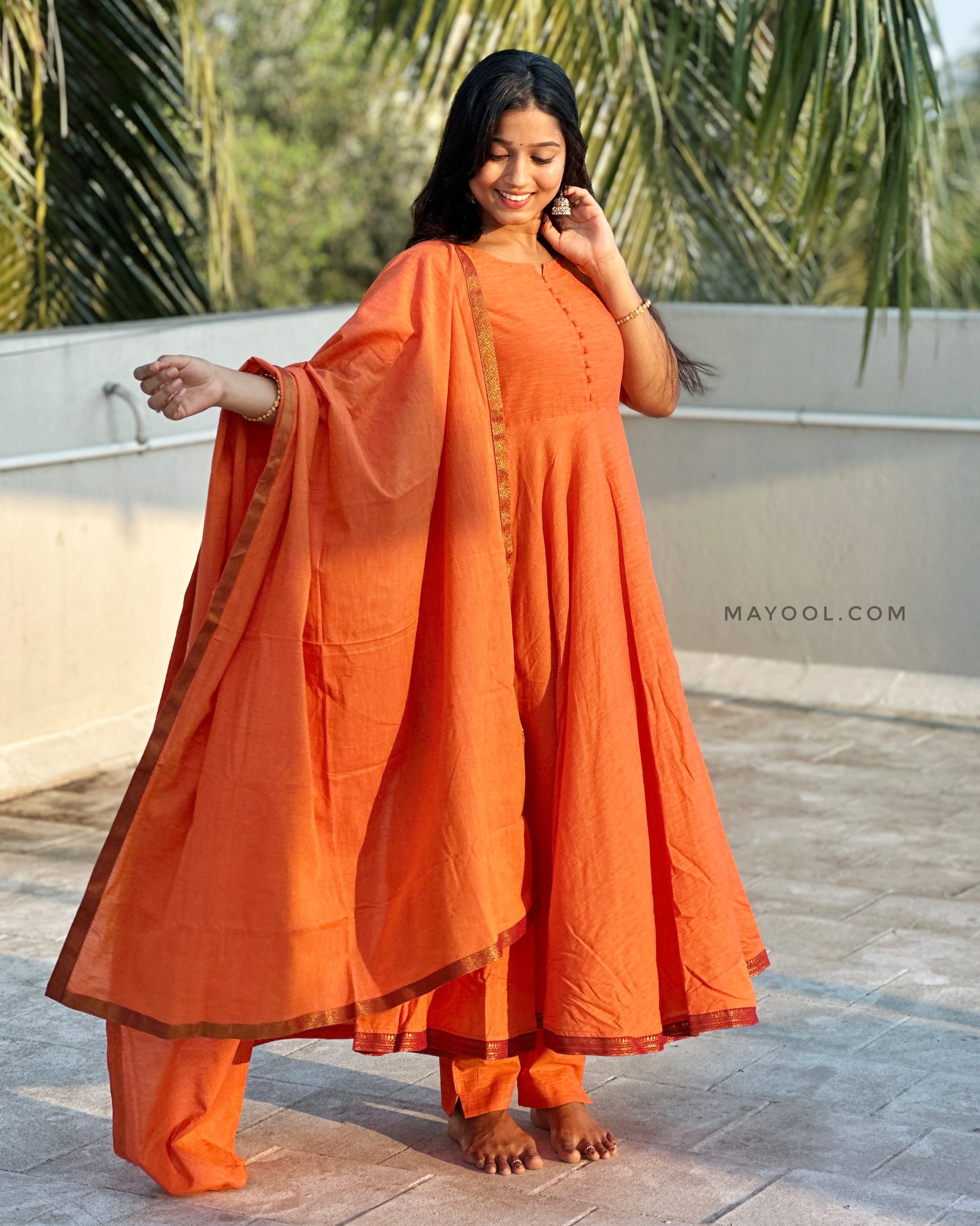 Saffron Orange Handloom Cotton Anarkali Dresses
