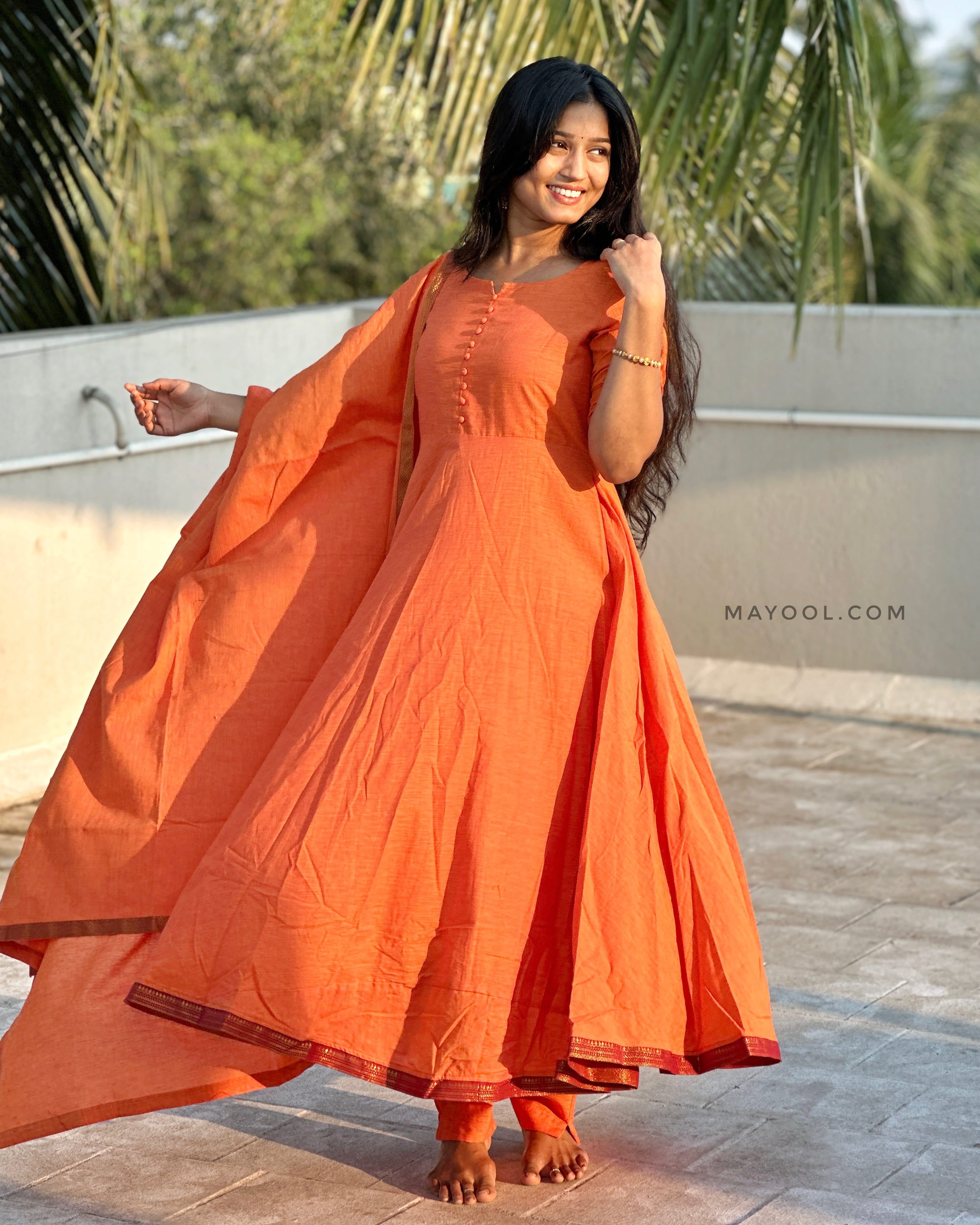 Saffron Orange Handloom Cotton Anarkali Dresses