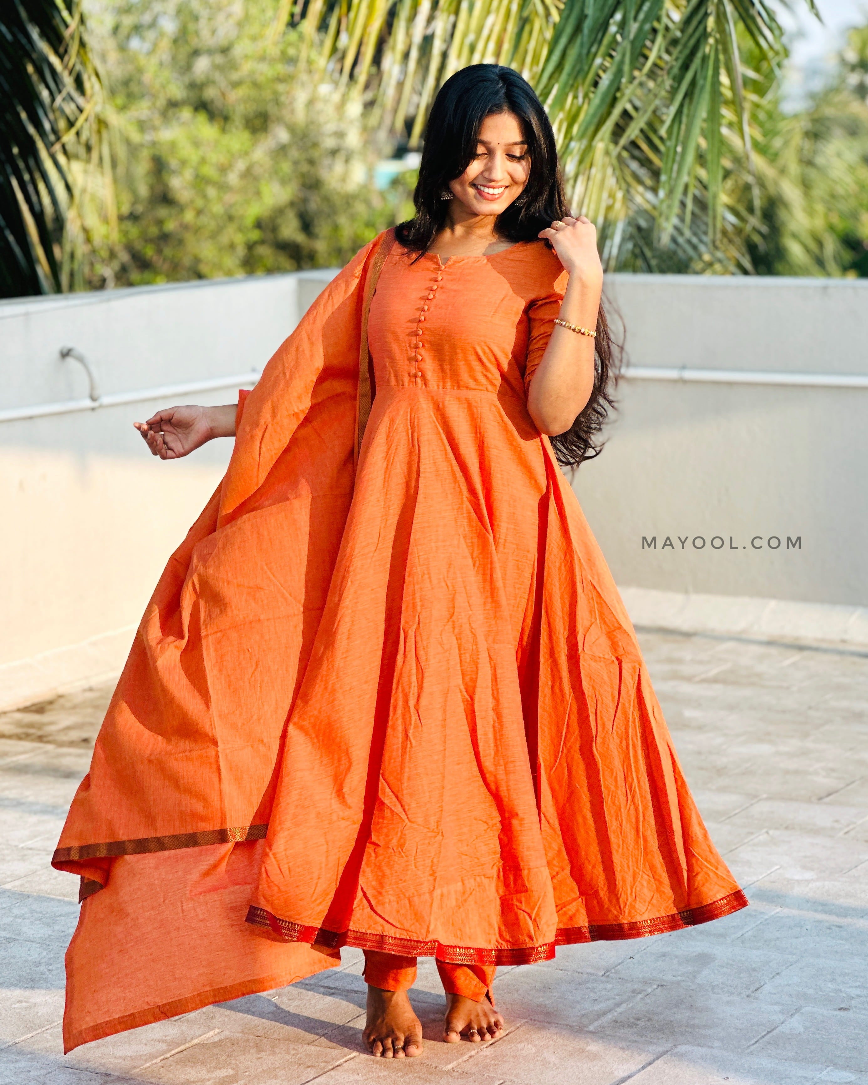 Saffron Orange Handloom Cotton Anarkali Dresses