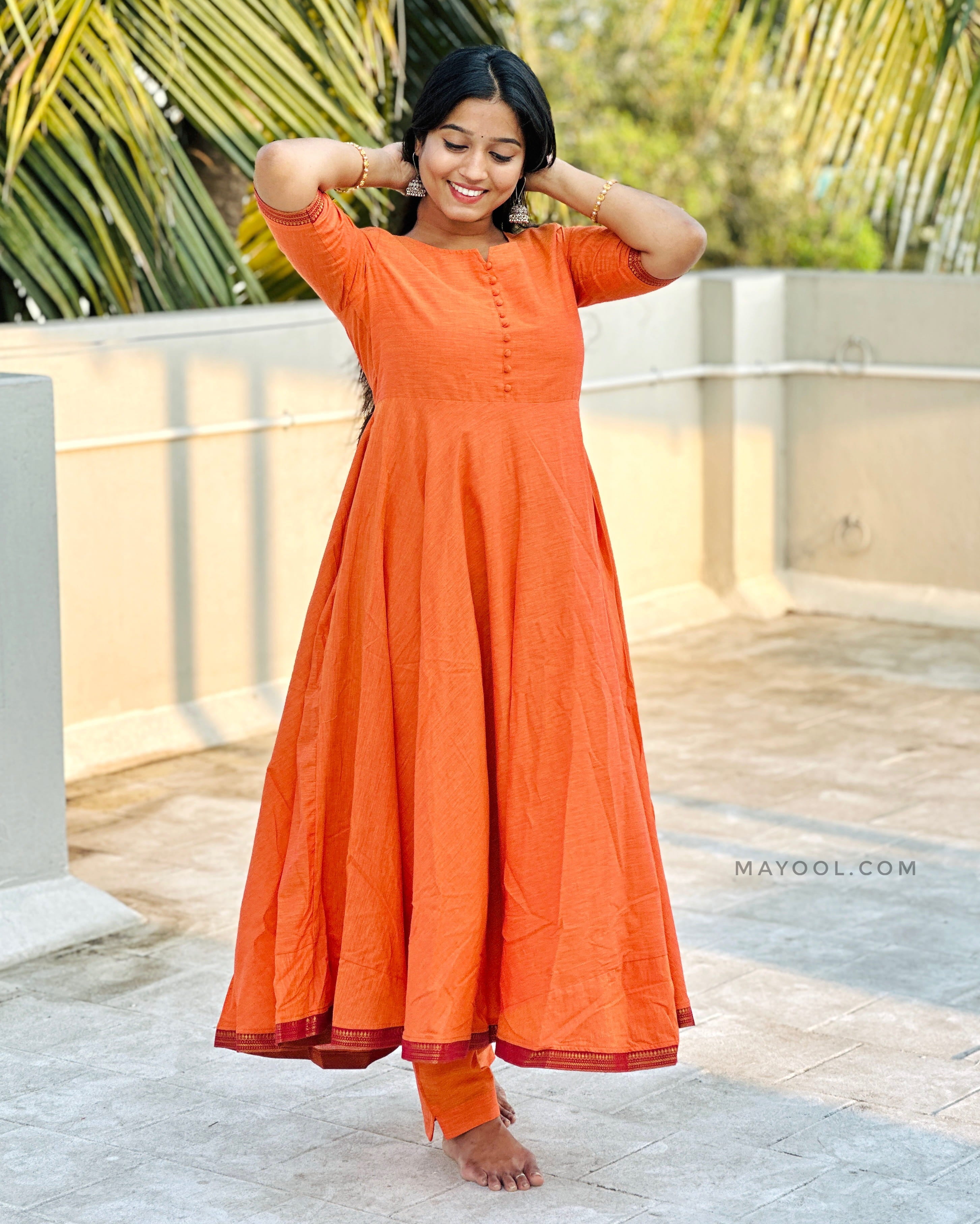 Saffron Orange Handloom Cotton Anarkali Dresses