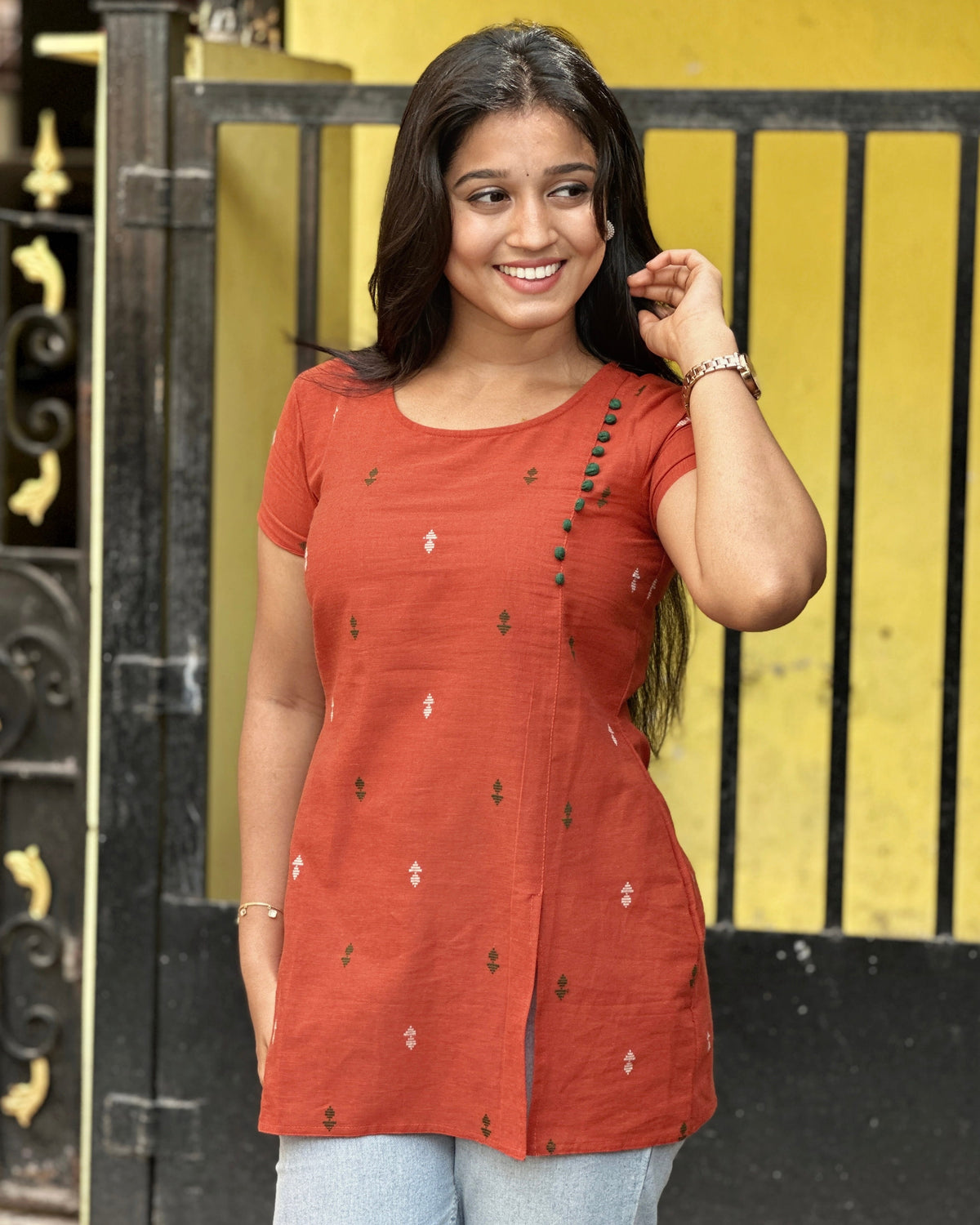 Terracotta Orange Cotton Short Kurta