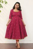 Valentine Pink Jari Jacquard Cotton Anarkali Dresses