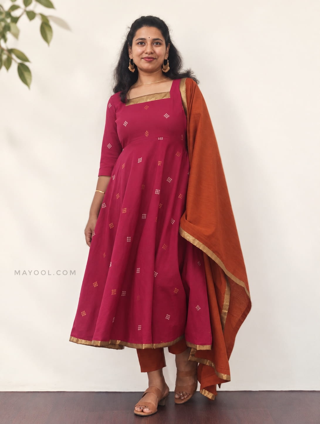 Valentine Pink Jari Jacquard Cotton Anarkali Dresses