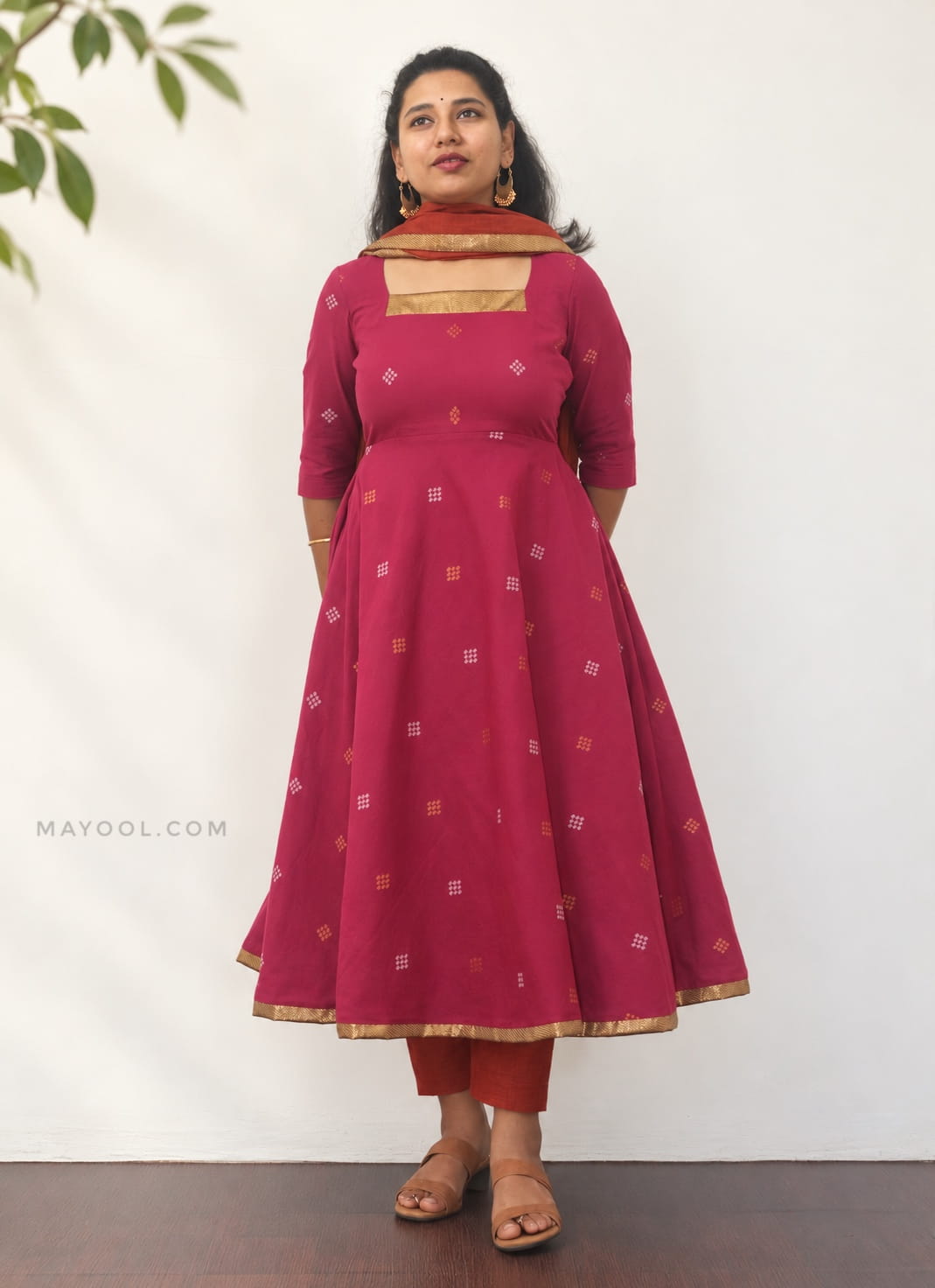 Valentine Pink Jari Jacquard Cotton Anarkali Dresses