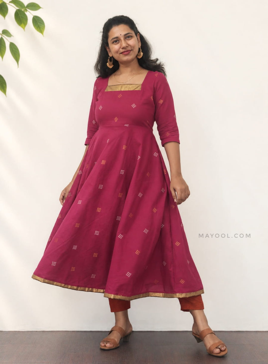 Valentine Pink Jari Jacquard Cotton Anarkali Dresses