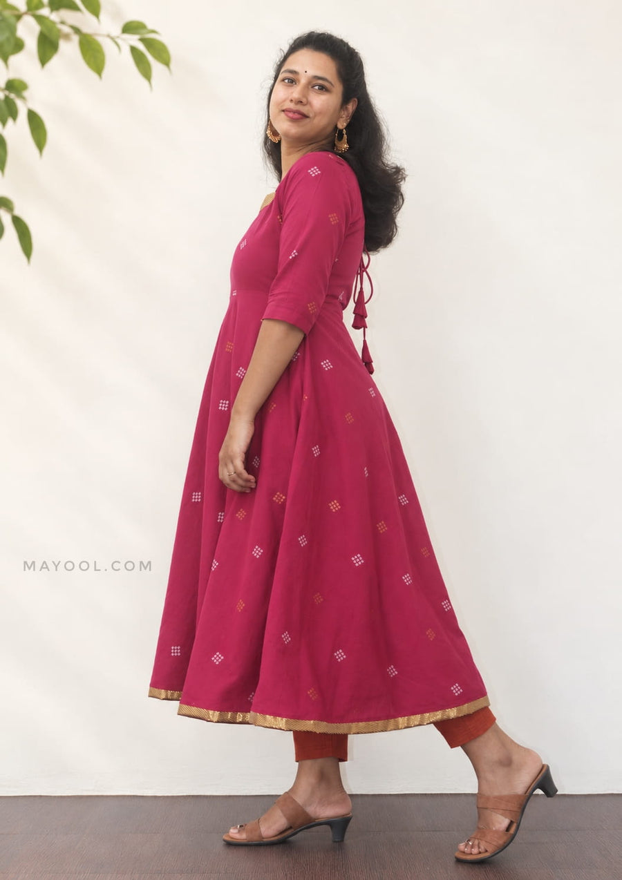 Valentine Pink Jari Jacquard Cotton Anarkali Dresses