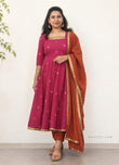 Valentine Pink Jari Jacquard Cotton Anarkali Dresses