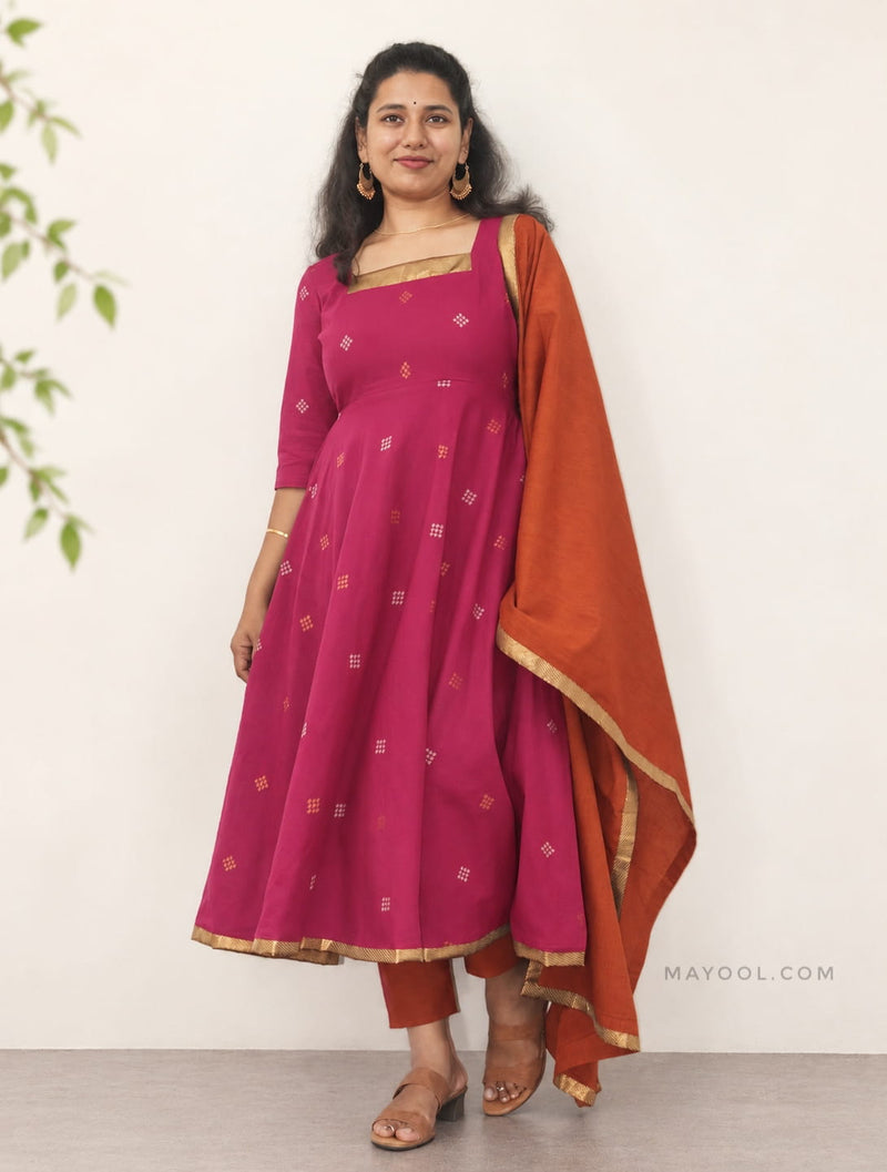 Valentine Pink Jari Jacquard Cotton Anarkali Dresses