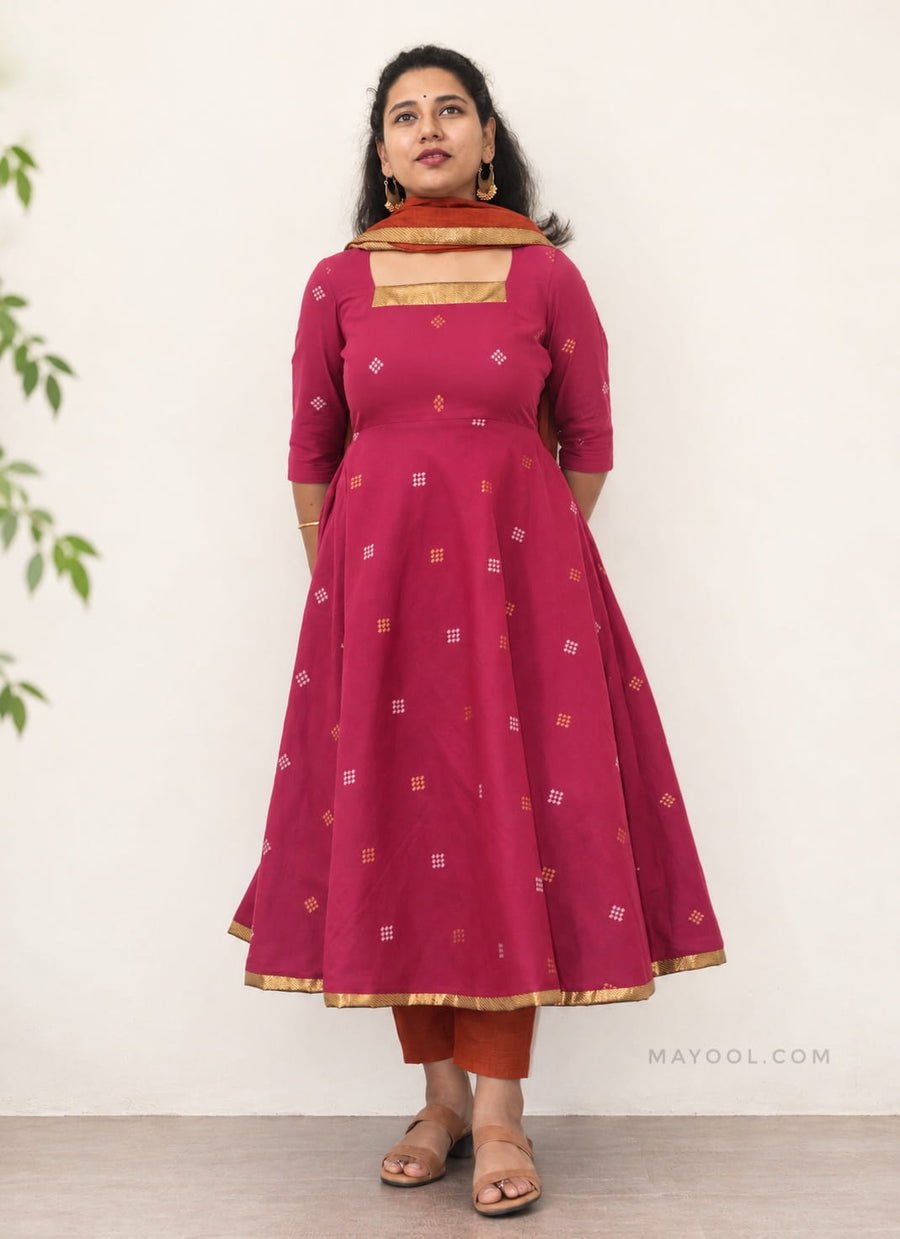 Valentine Pink Jari Jacquard Cotton Anarkali Dresses