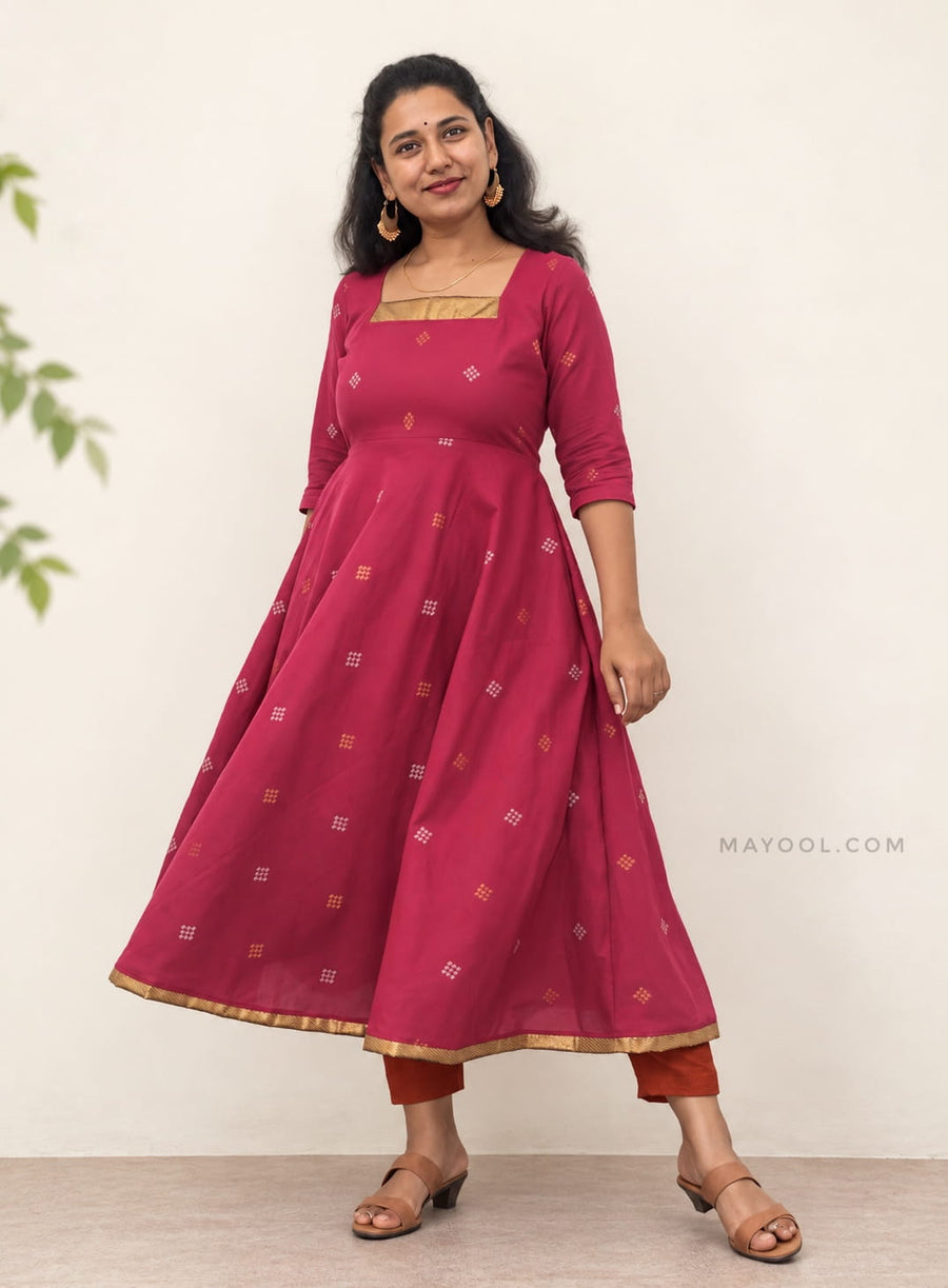 Valentine Pink Jari Jacquard Cotton Anarkali Dresses
