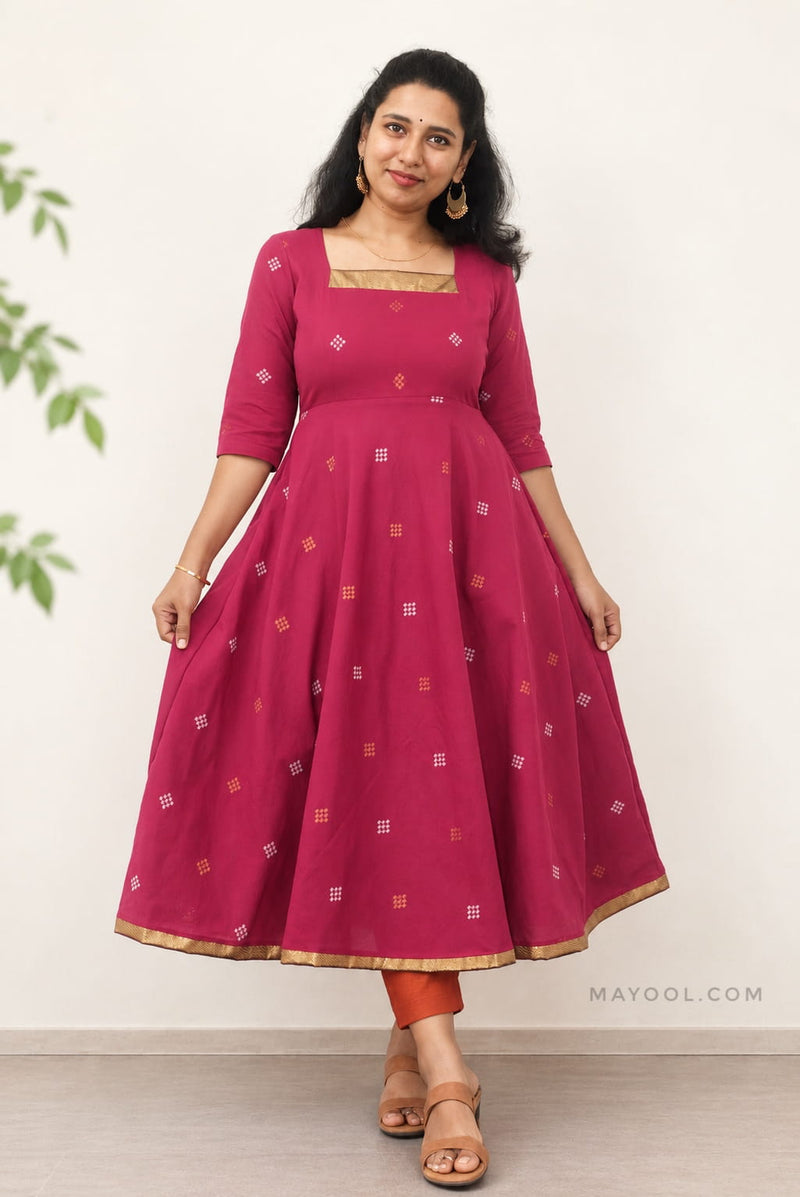 Valentine Pink Jari Jacquard Cotton Anarkali Dresses