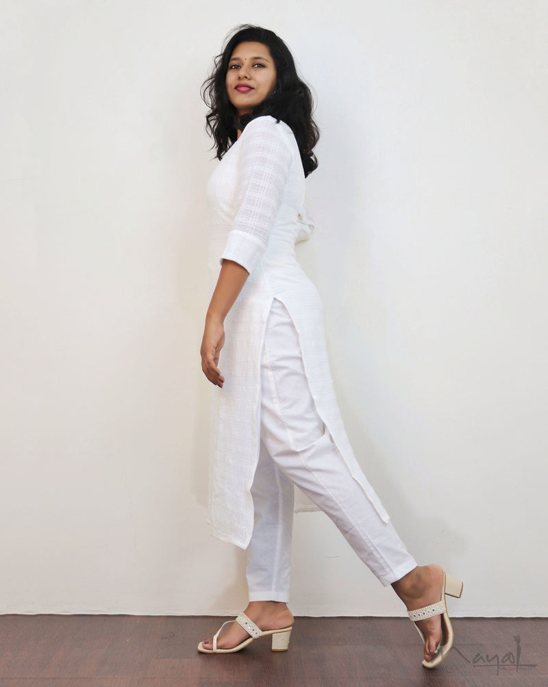White Crushed Cotton Kurta With Dupatta