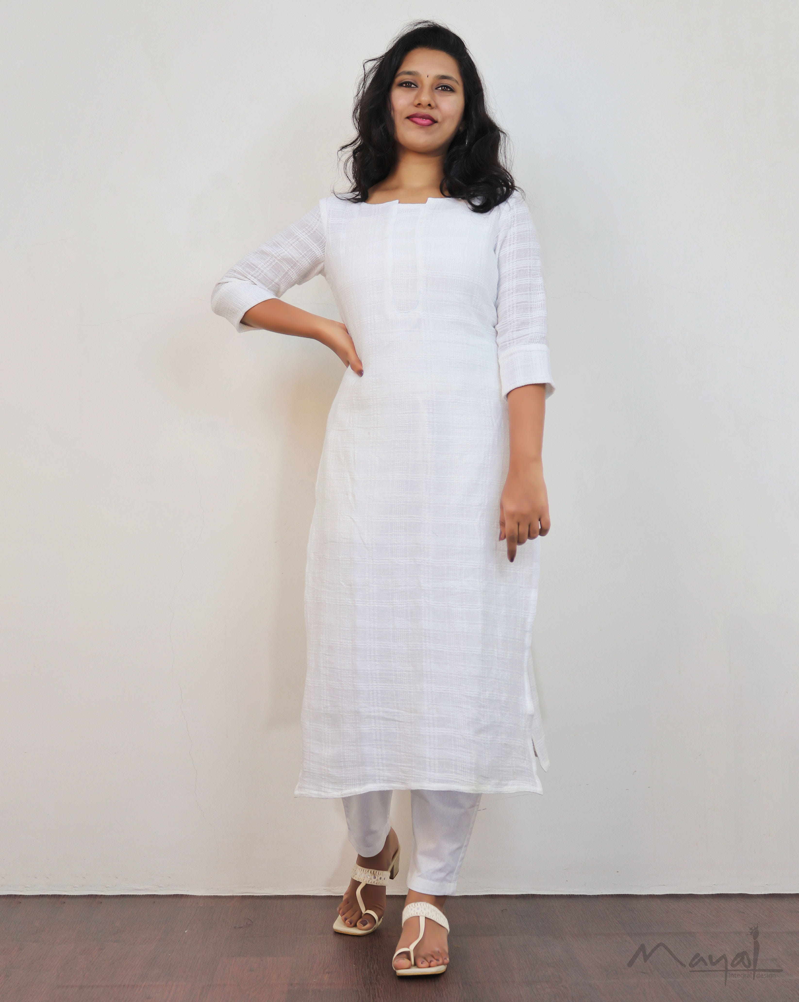 White Crushed Cotton Kurta With Dupatta