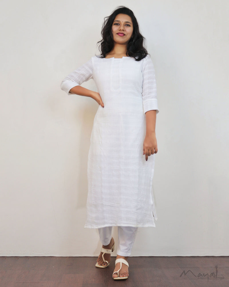 White Crushed Cotton Kurta With Dupatta