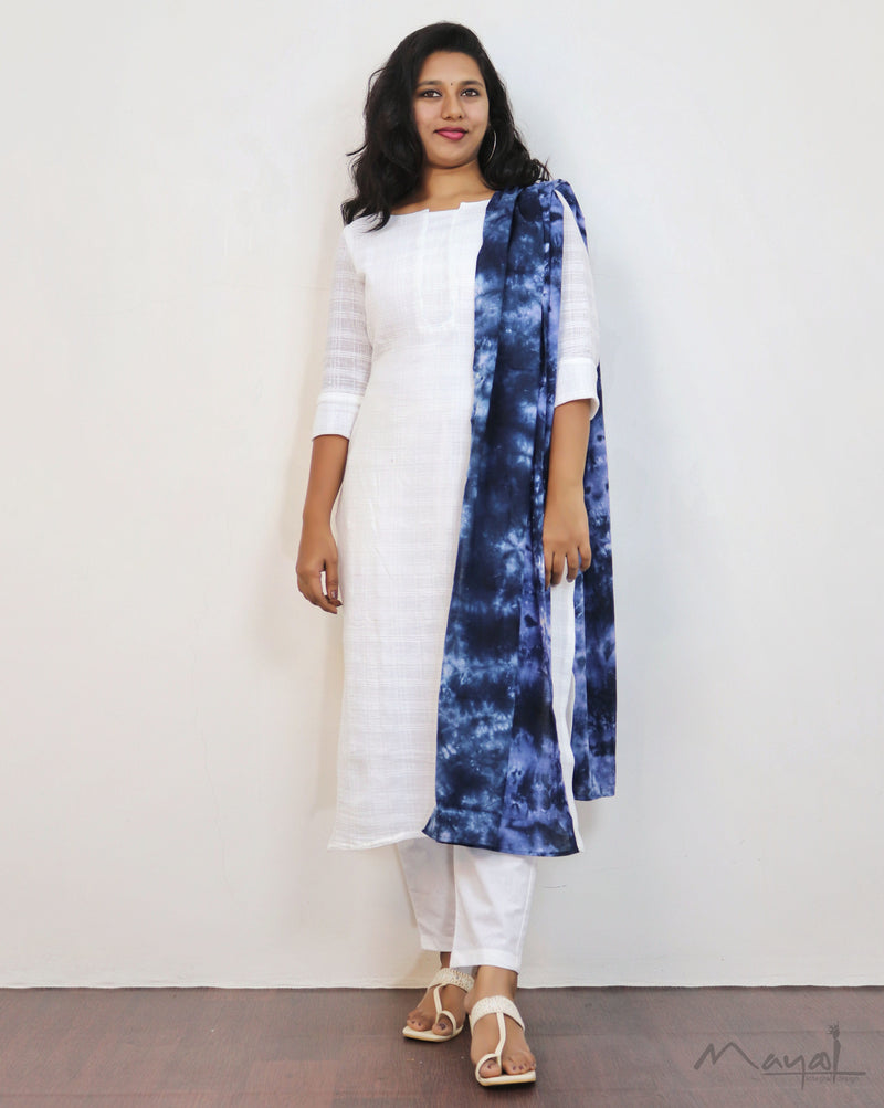 White Crushed Cotton Kurta With Dupatta