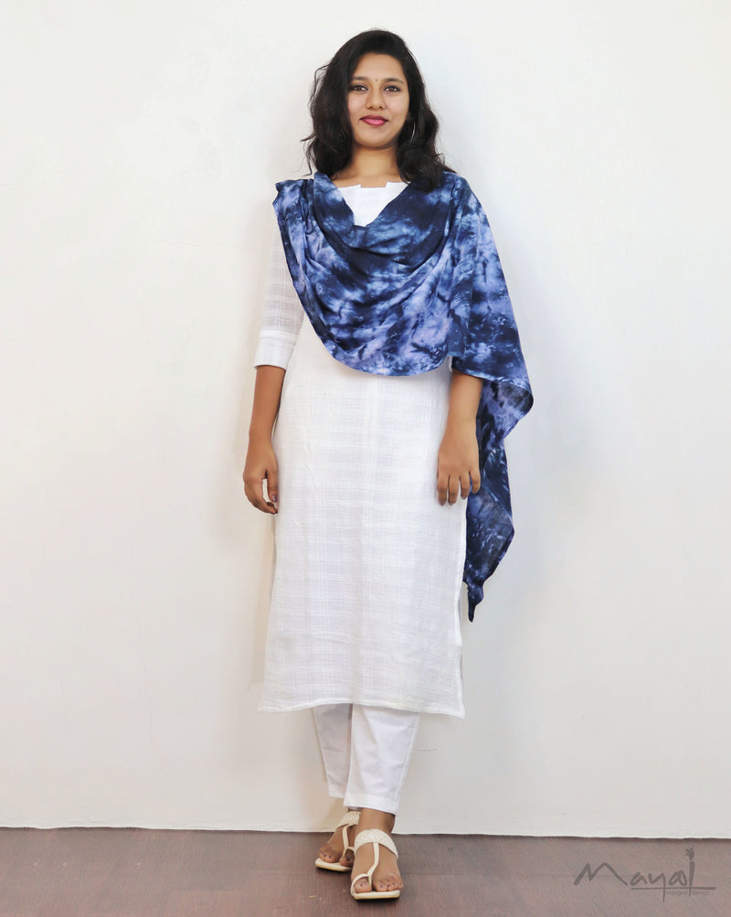 White Crushed Cotton Kurta With Dupatta