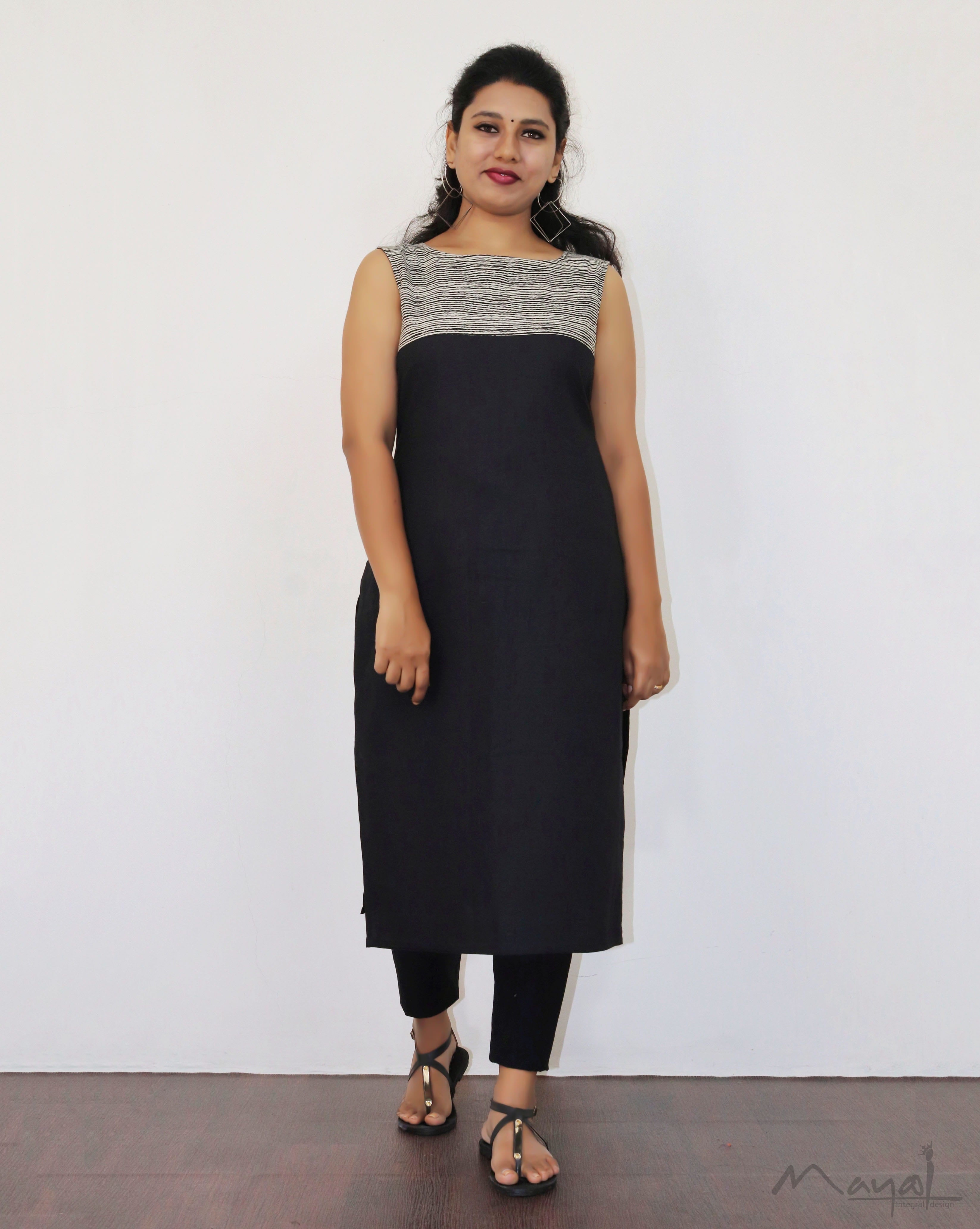 Black Patchwork Sleeveless Cotton Kurta