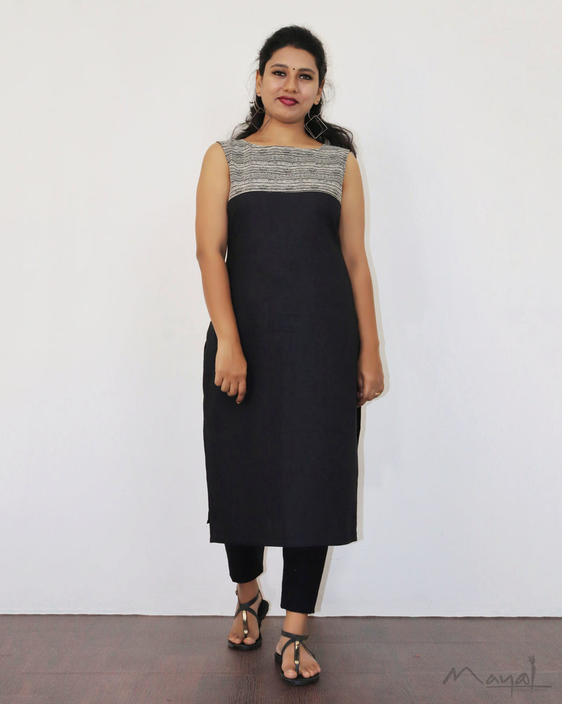 Black Patchwork Sleeveless Cotton Kurta