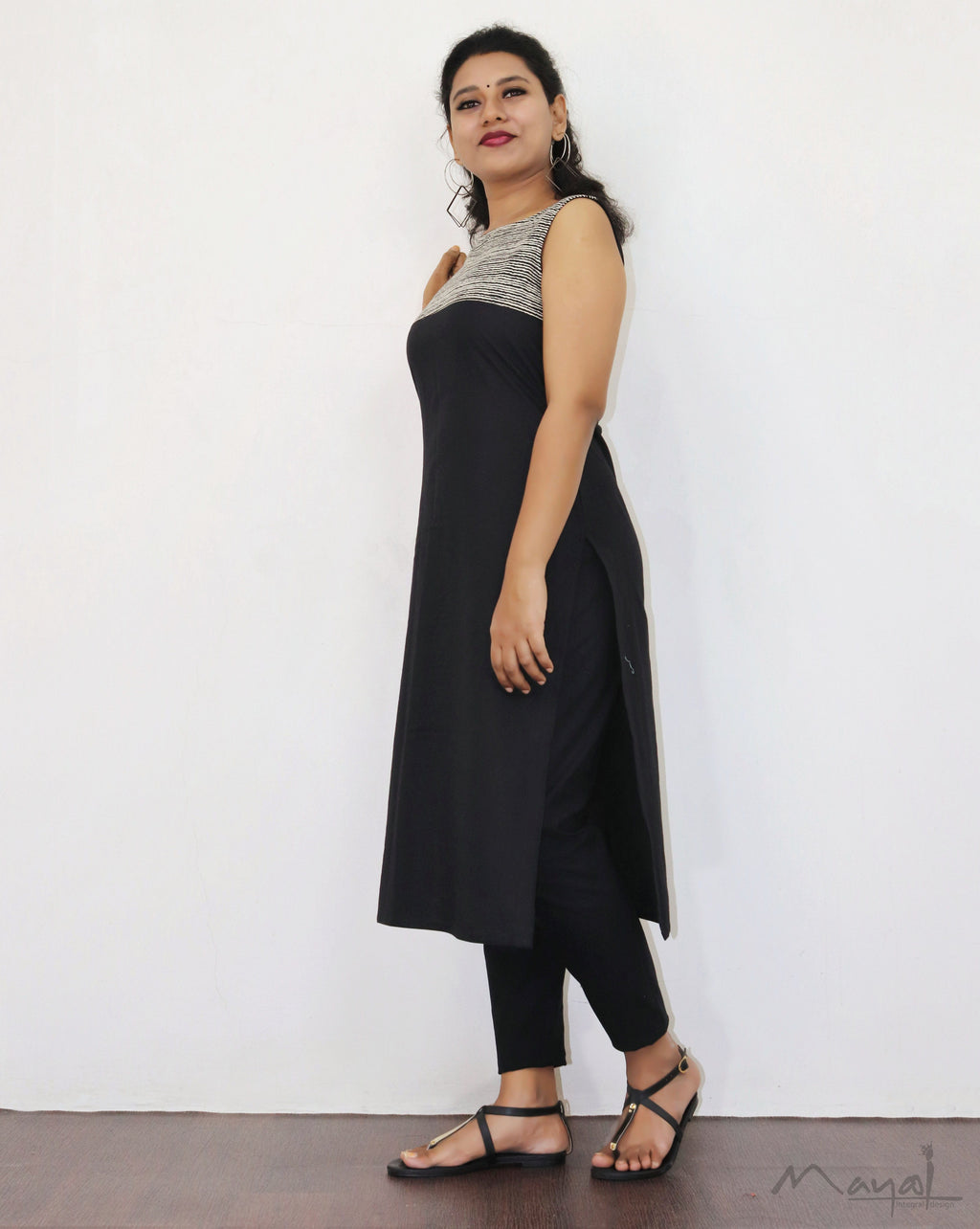 Black Patchwork Sleeveless Cotton Kurta