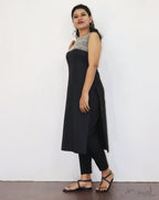 Black Patchwork Sleeveless Cotton Kurta