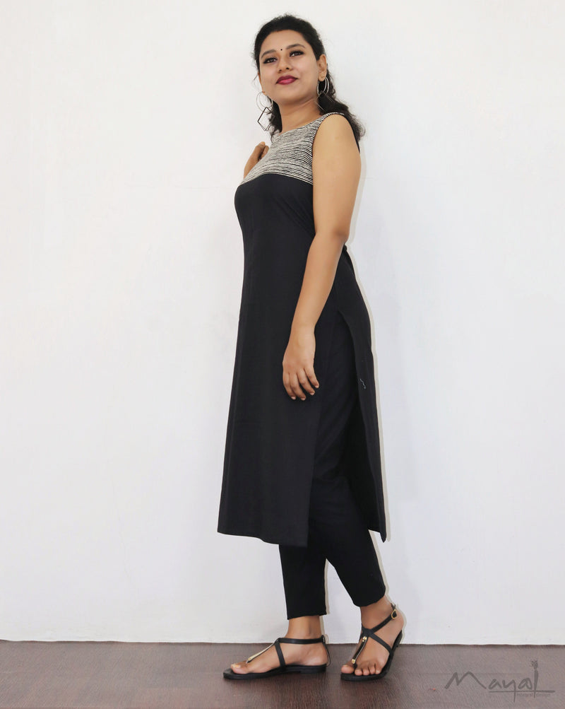 Black Patchwork Sleeveless Cotton Kurta