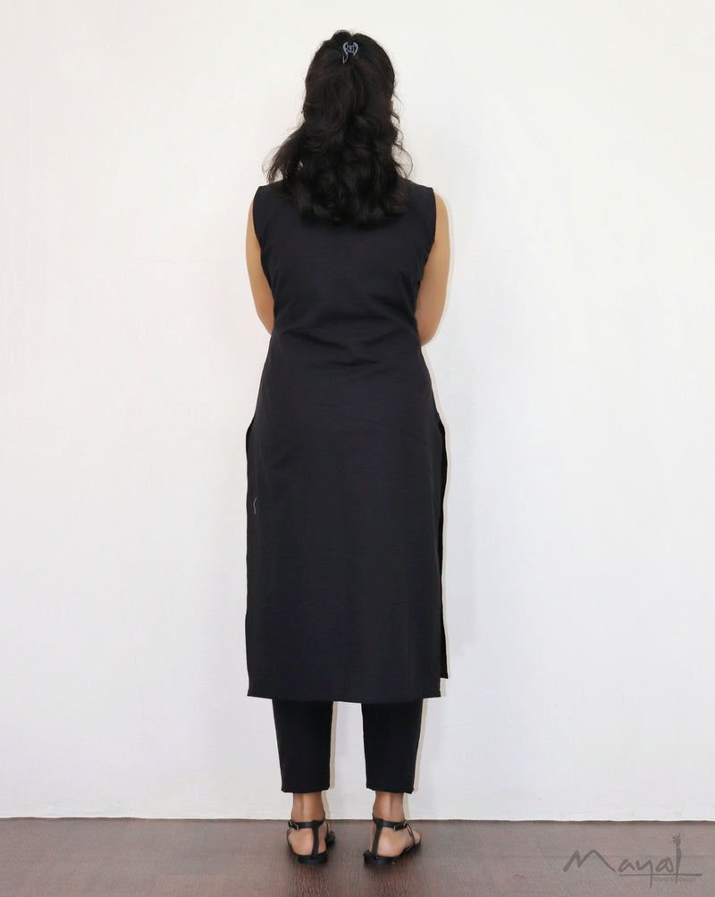 Black Patchwork Sleeveless Cotton Kurta
