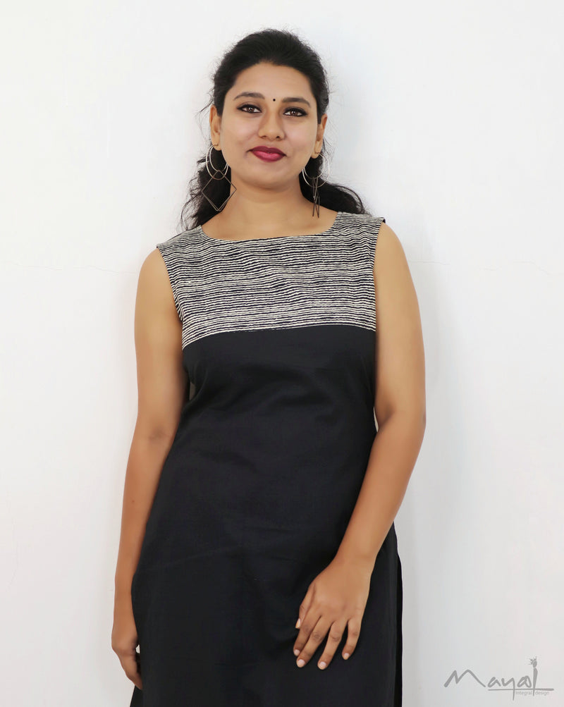 Black Patchwork Sleeveless Cotton Kurta