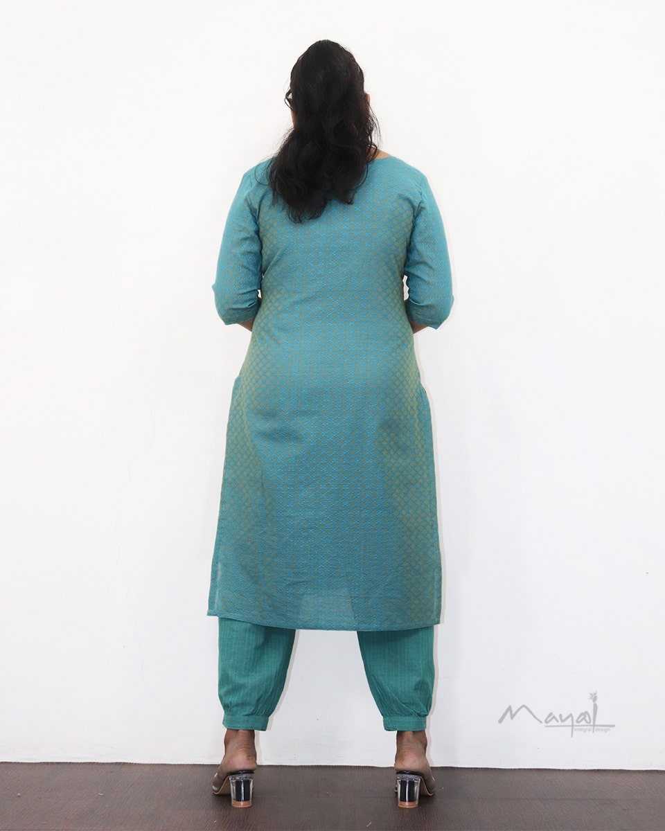 Aqua Blue Self Design Jacquard Cotton Kurta