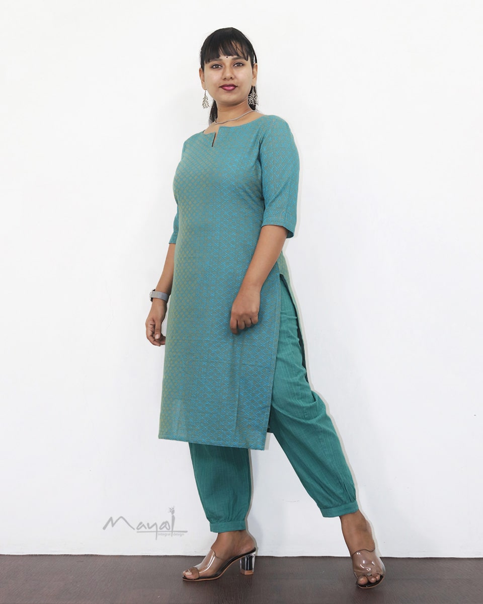 Aqua Blue Self Design Jacquard Cotton Kurta