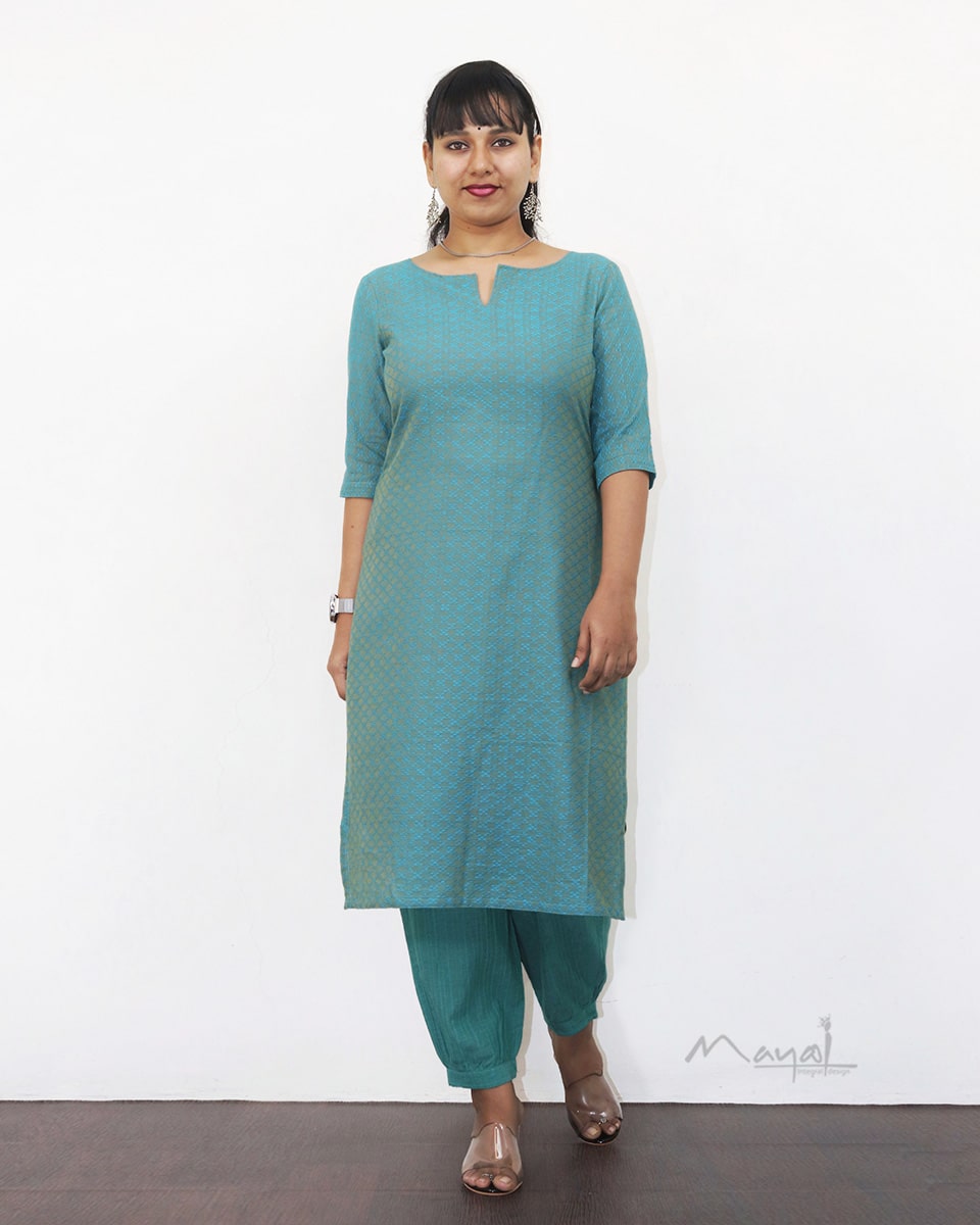 Aqua Blue Self Design Jacquard Cotton Kurta