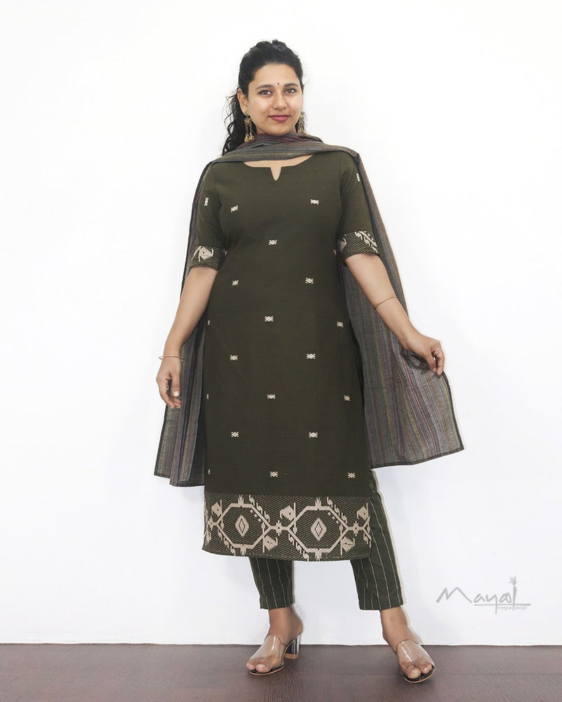 Army Green Jamdani Handloom Cotton Kurta