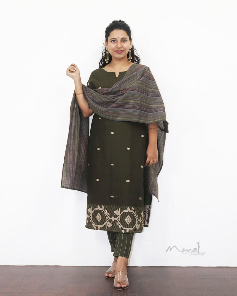 Army Green Jamdani Handloom Cotton Kurta