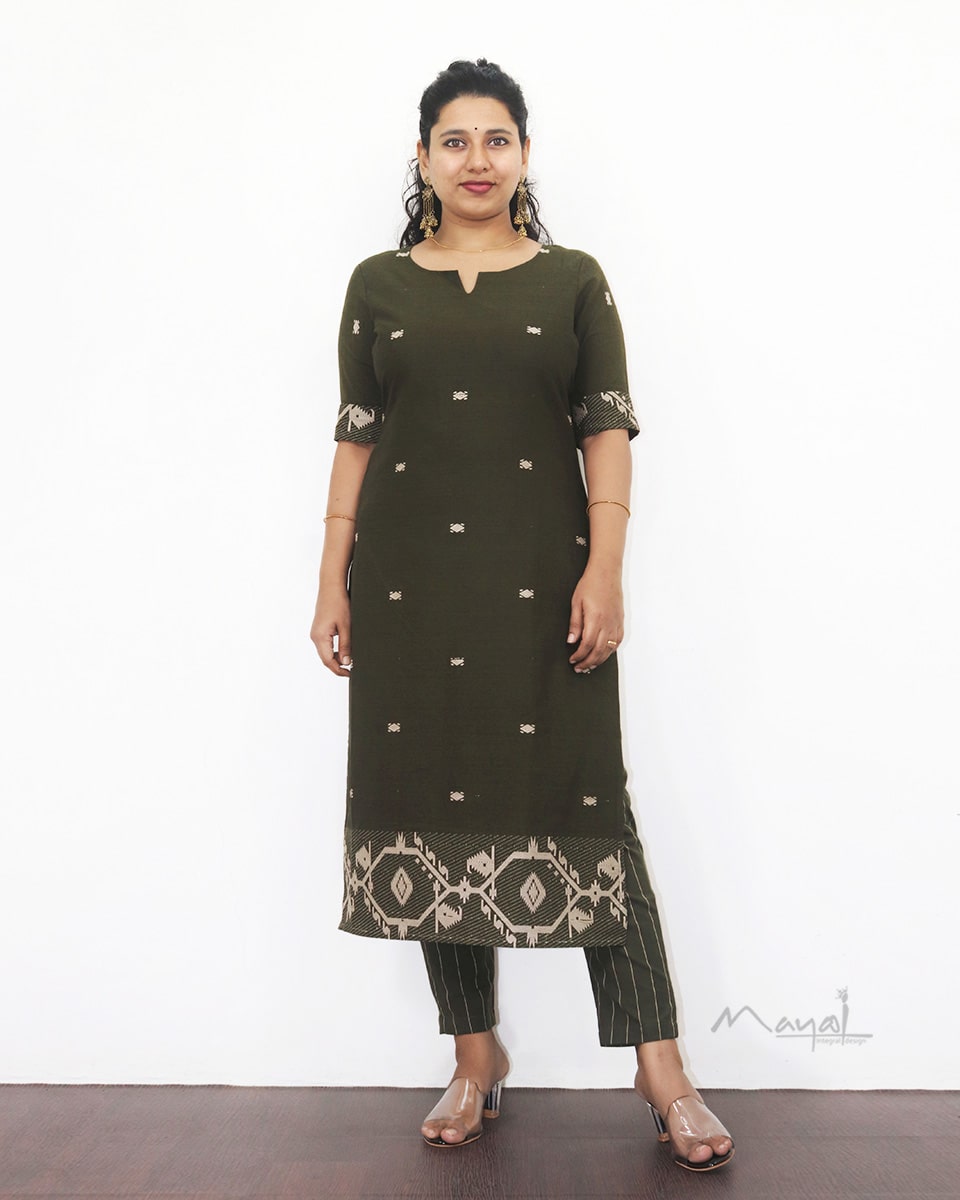 Army Green Jamdani Handloom Cotton Kurta