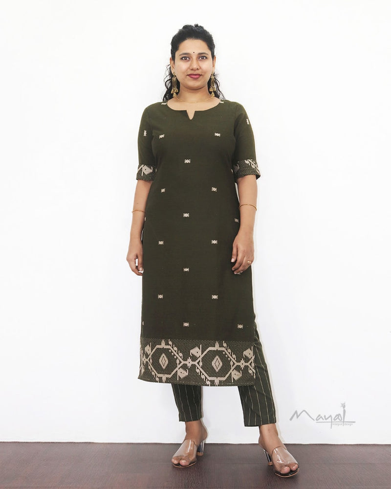 Army Green Jamdani Handloom Cotton Kurta