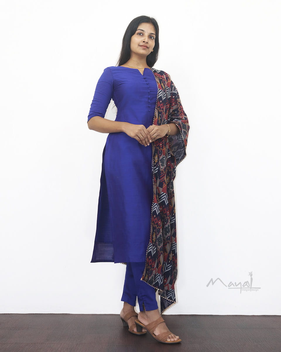 Blue Solid Silk Cotton Kurta