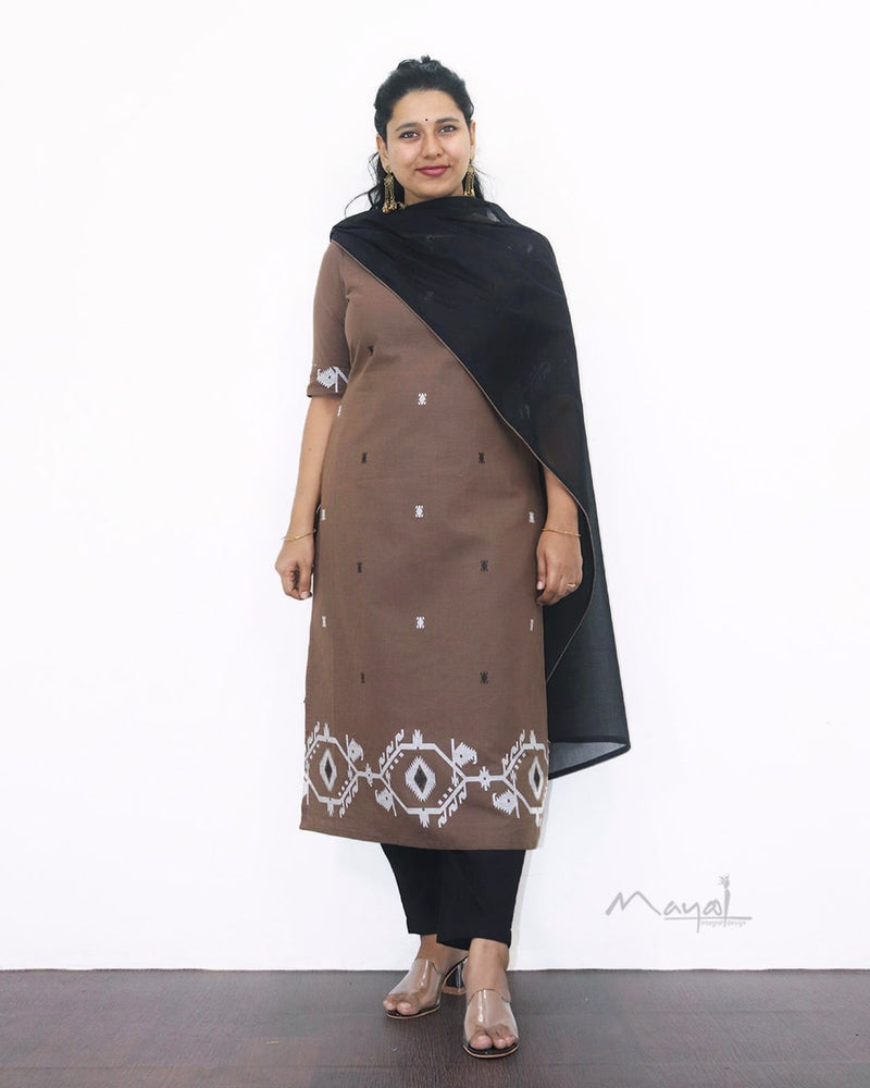 Coffee Brown Jamdani Handloom Cotton Kurta
