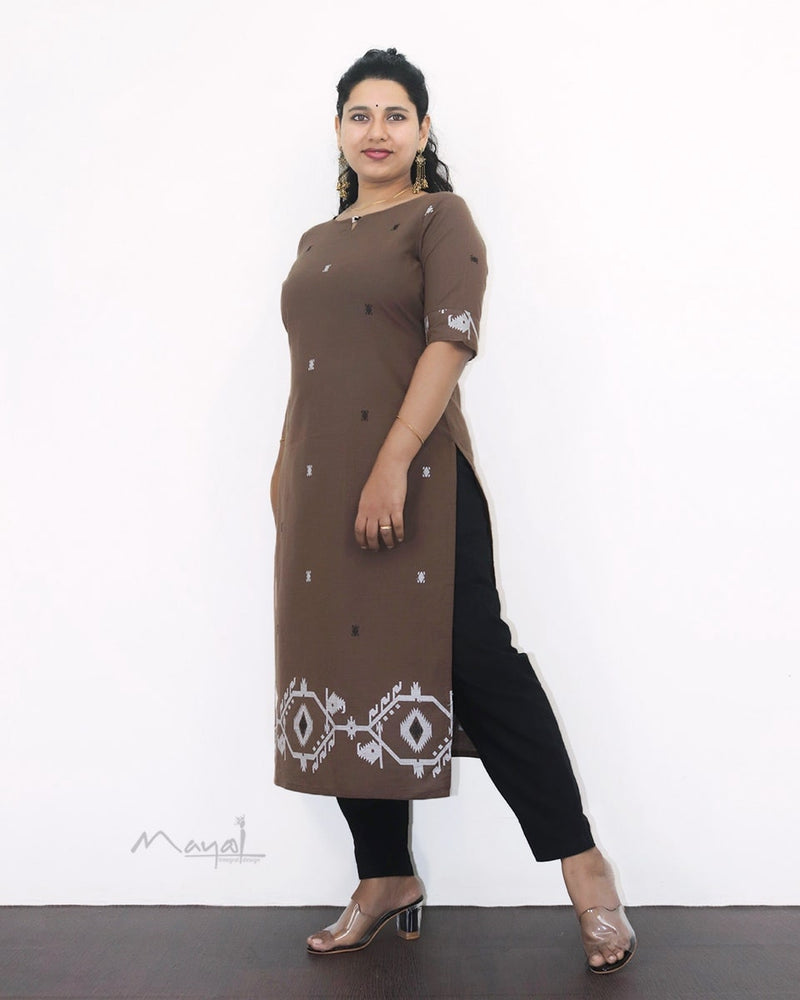 Coffee Brown Jamdani Handloom Cotton Kurta