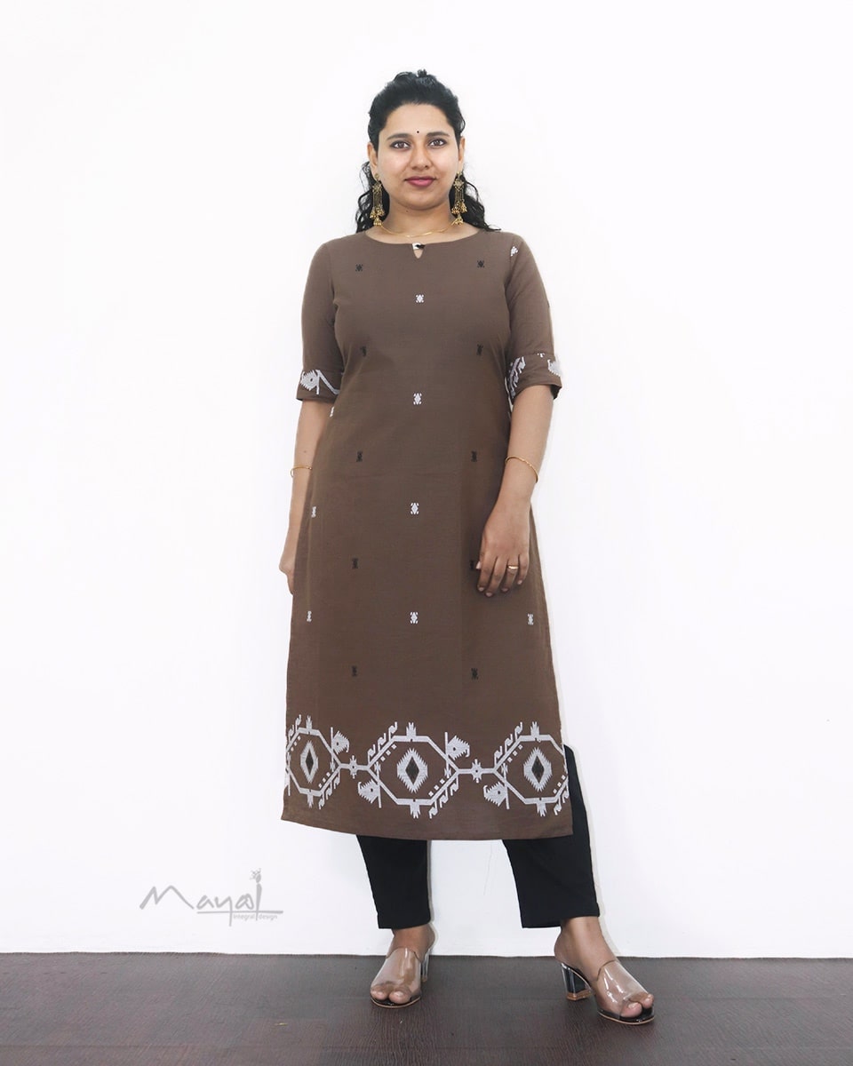 Coffee Brown Jamdani Handloom Cotton Kurta