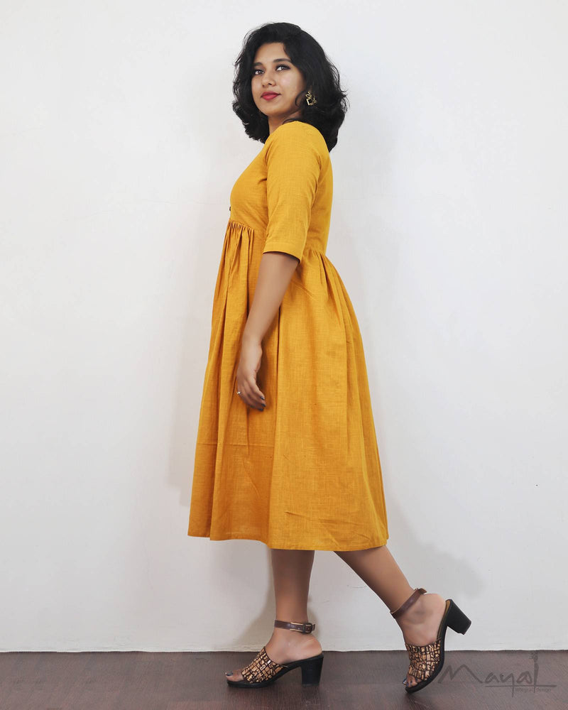 Fire Yellow Fit and Flare Cotton Dresses